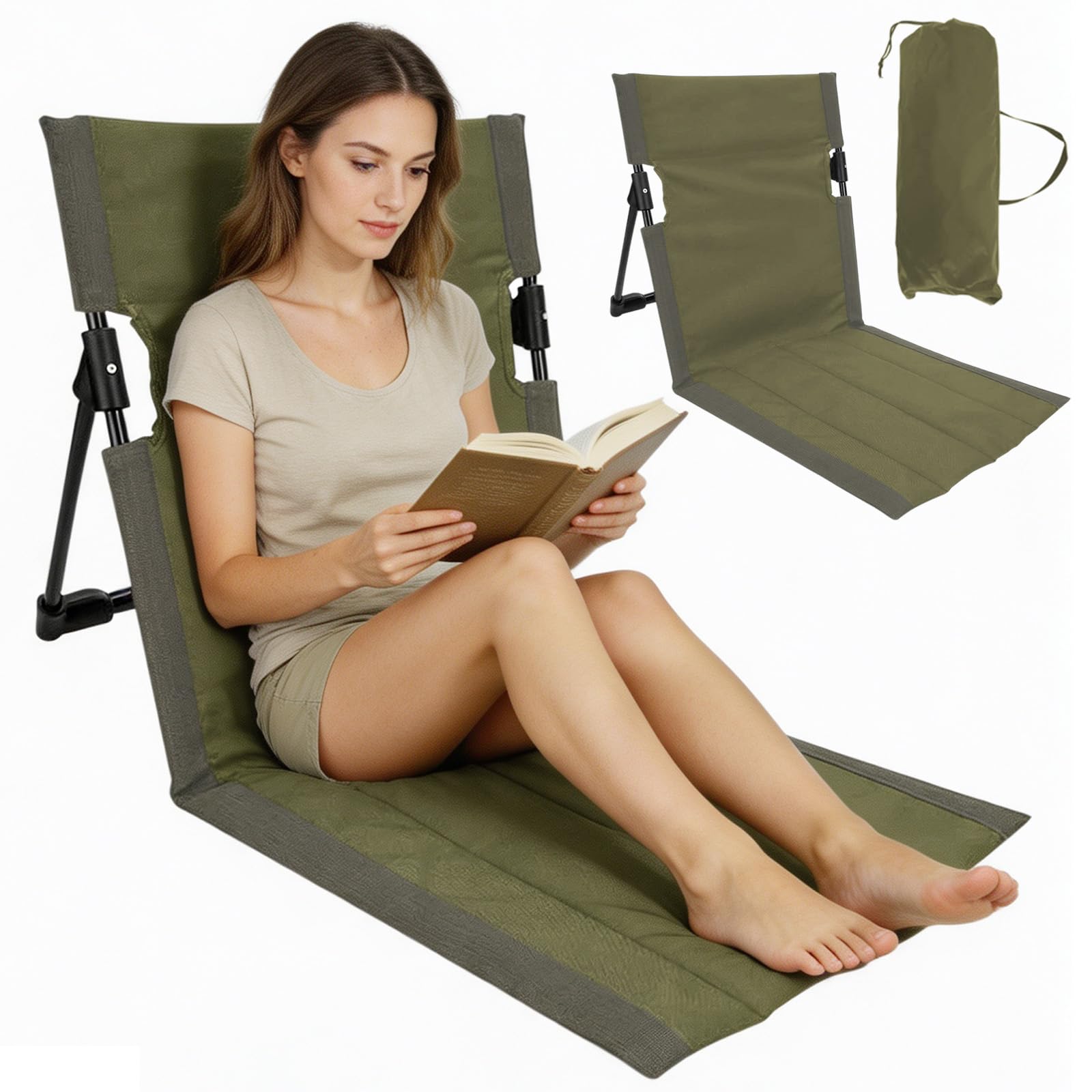 Cojín de asiento para exterior, silla de playa plegable, cojín para silla de playa con respaldo, silla de suelo, cojín plegado, cojín de playa, plegable para camping, pícnic, pesca (verde oliva)