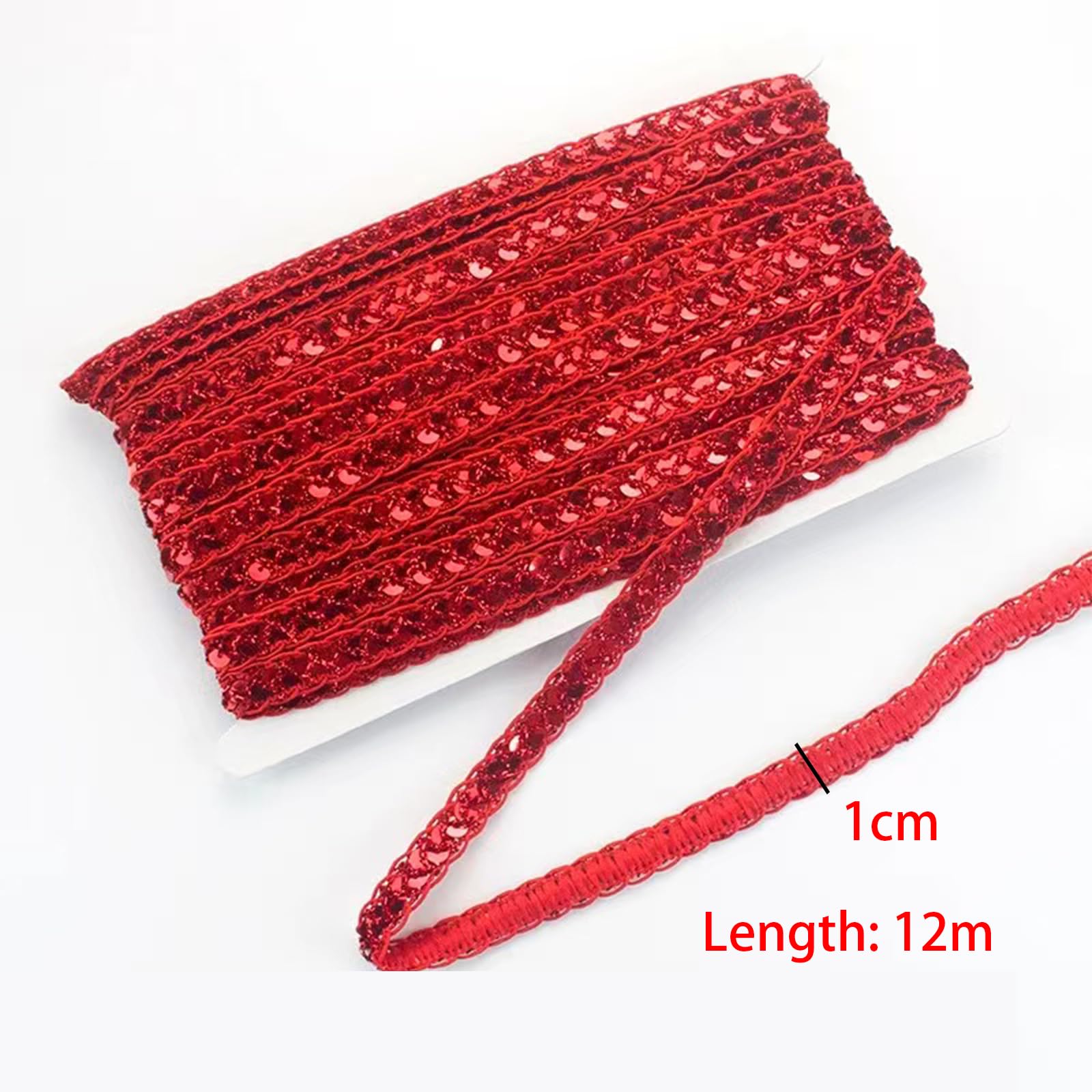 12M Red Sequin Ribbon,Glitter Sequin Trim Fabric Paillette Ribbon Trim, for Sewing Decoration,1CM - Image 2