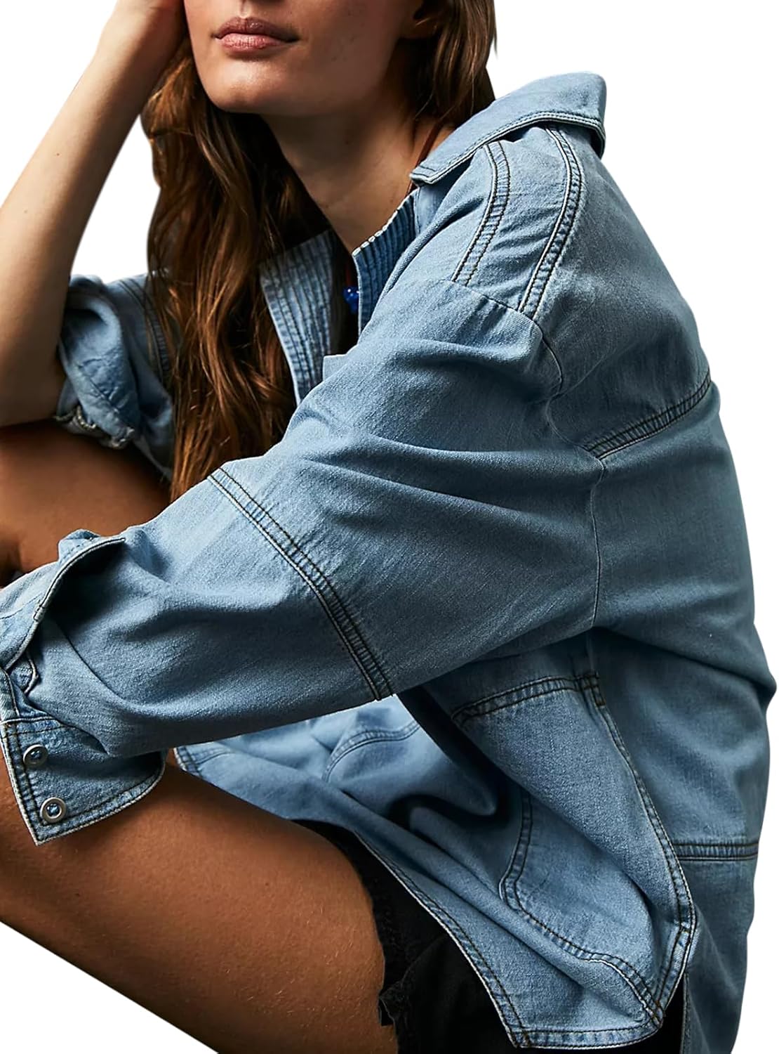 Fazortev Women's Denim Pullover Casual Button V Neck Blouse Loose Fit Long Sleeve Jean Jacket With Pocket - Image 3