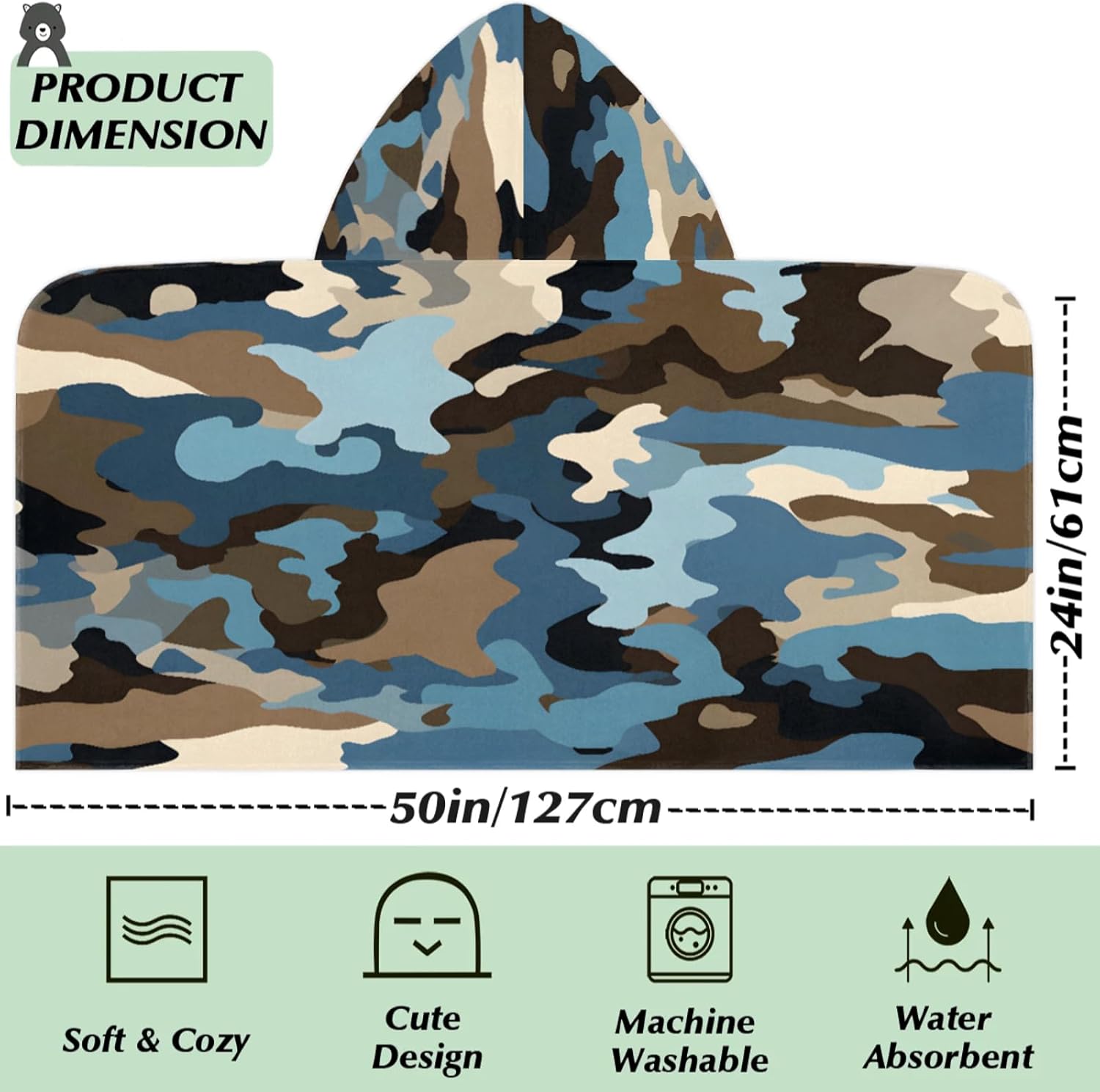 Camo Print Hooded Towels for Kids Absorbent Soft Pool Swim Beach Bath Towel for Boys Girls, 24 in x 50 in