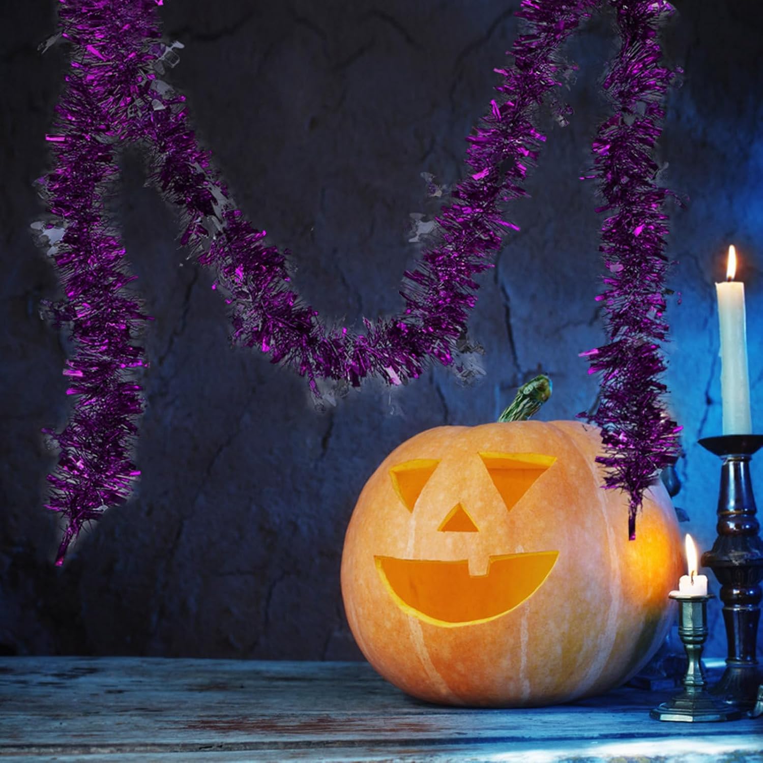 5pcs Halloween Tinsel Garland with White Ghost Ornament | Pet Metallic Twist Foil, Reusable and Easy to Hang, Indoor Outdoor Use