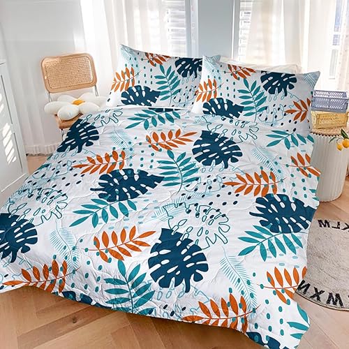 Miniatura 10 de Juego de edredón de 3 piezas con diseño de hojas a rayas, tamaño Queen, ligero y esponjoso, juego de edredón de microfibra suave para todas las