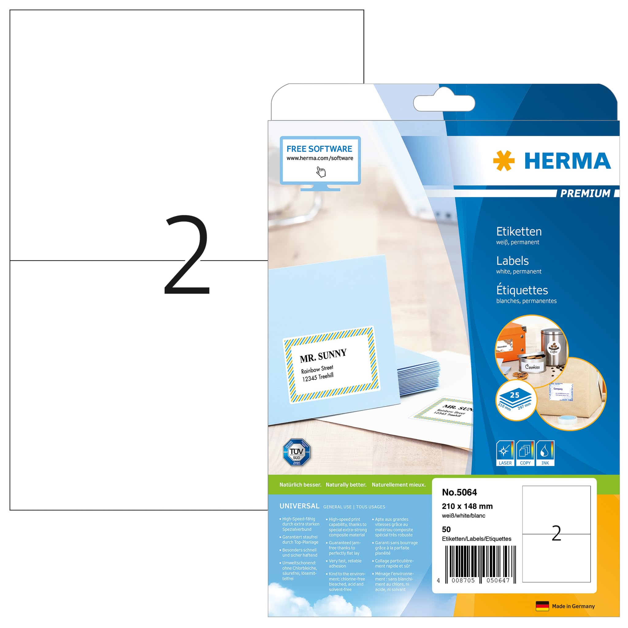 HERMA Self Adhesive Shipping Labels, 2 Labels per A4 Sheet, 25 Sheets, 210 x 148 mm, 50 Labels, Blank Parcel Labels Stickers, Sticky Labels for Laser & Inkjet Printer, White