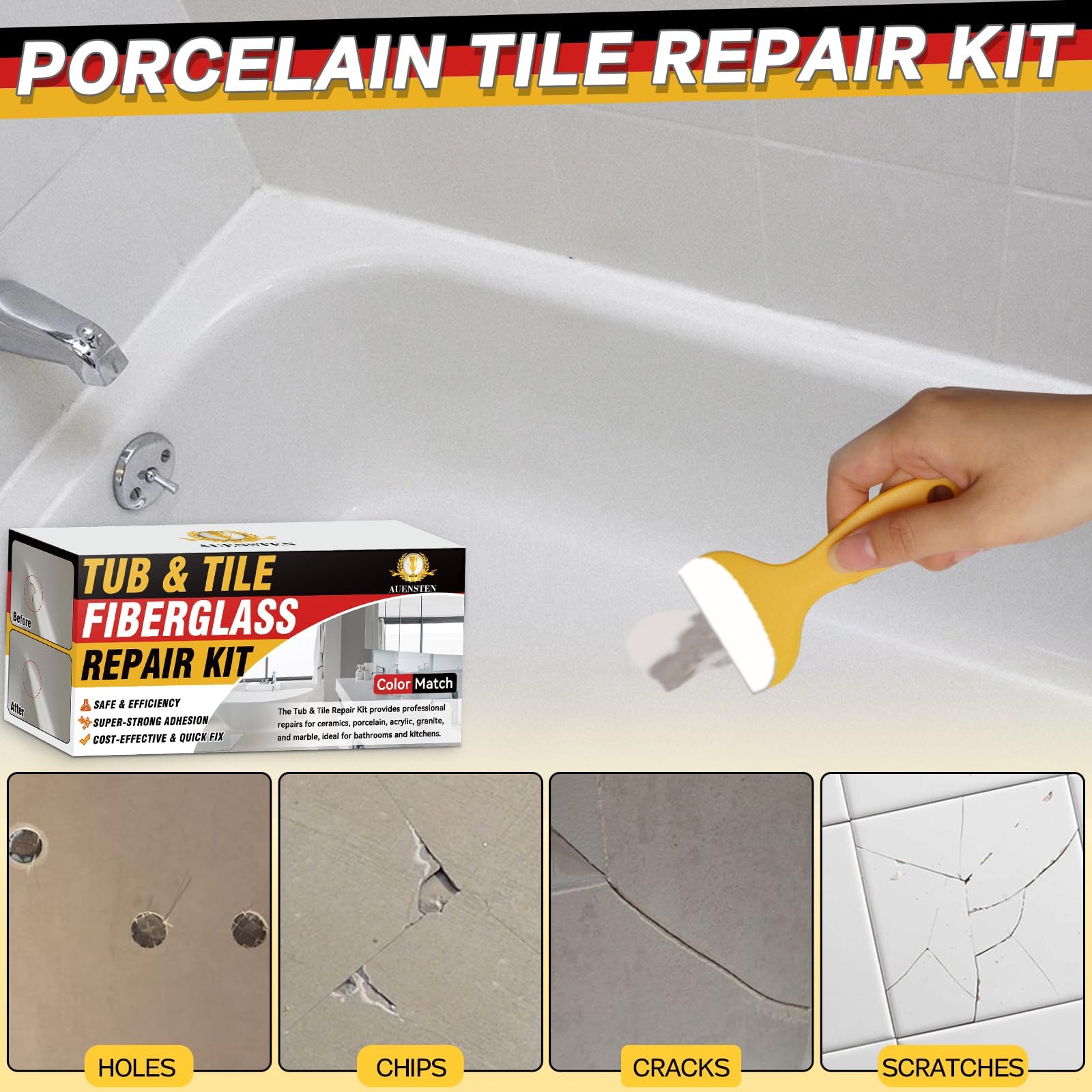 Bath Tub Repair Kit, Fiberglass Tile and Shower Repair Kit Porcelain Repair Kit, Bathtub Repair Kit Repair Chips Dents Cracks Scratches from Ceramic, Marble, Quartz, Resin, Acrylic — view 2