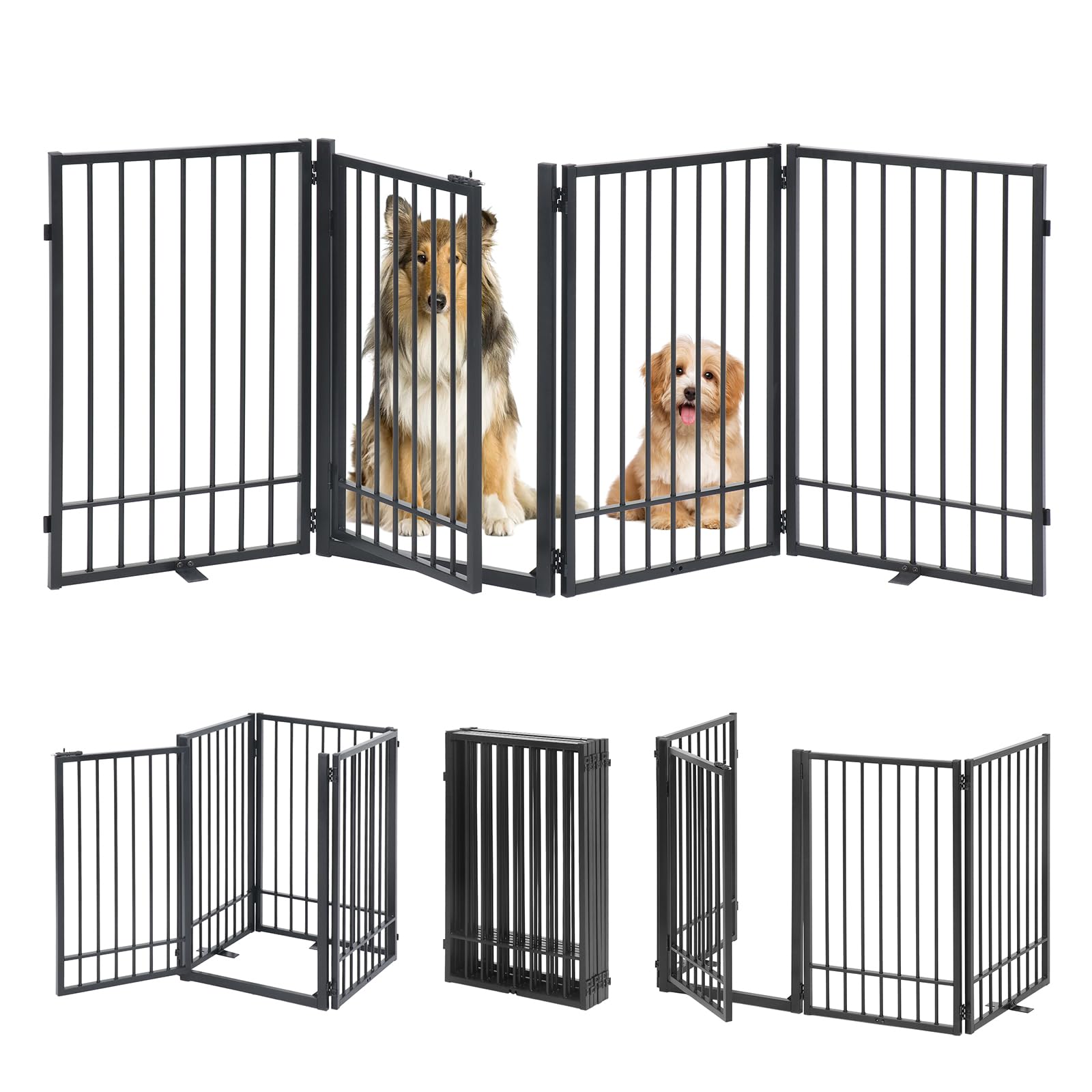 HIDOG Freestanding Dog Gate with Door, 81"W x 31"H Pet Gate Indoor Metal Dog Fence, Folding Dog Gate with 2PCS Support Feet, No-Assembly Freestanding Pet Barrier for Stairs, Doorways, Halls, Kitchen