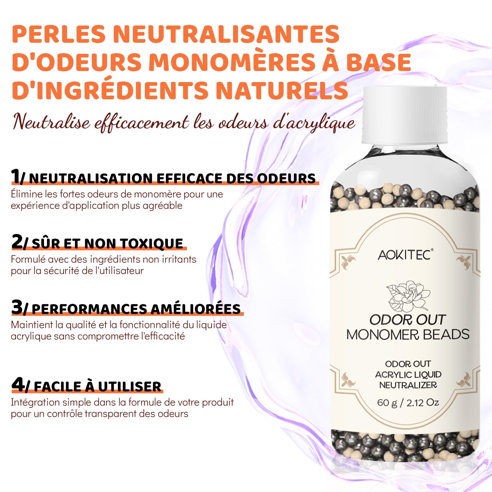 Aokitec Liquide acrylique avec perles neutralisant les odeurs, monomère EMA 120 ml pour ongles en acrylique, monomère à faible odeur et non jaunissant pour poudre acrylique
