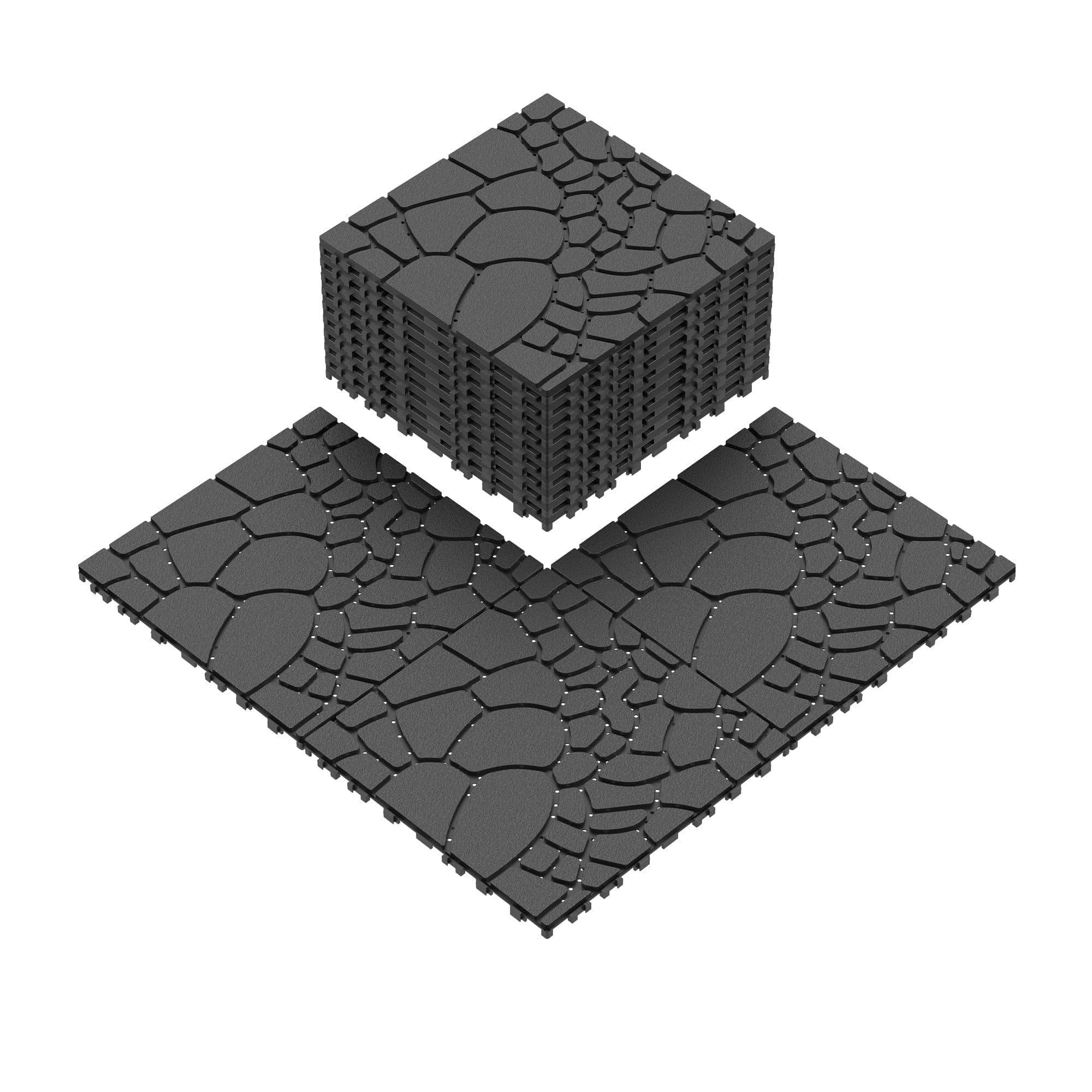 44Pcs Stone Texture Patio Deck Tiles, 12 x 12in, Waterproof Interlocking Floor Tiles for Porch, Poolside, Balcony, Backyard, Dark Gray