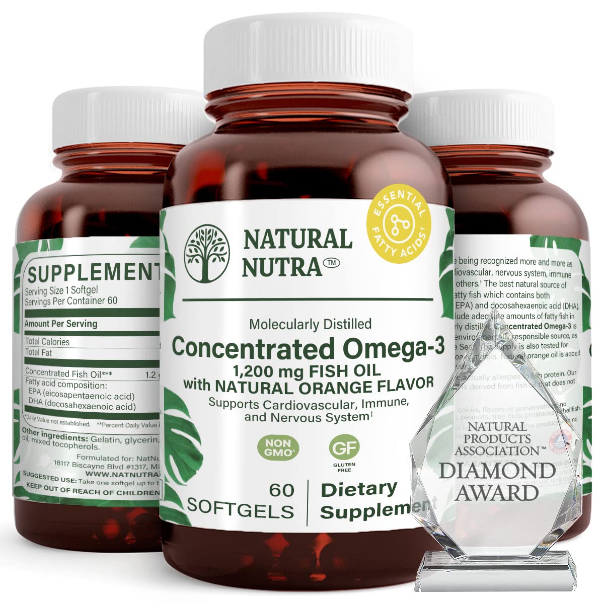 Natural NutraConcentrated Omega 3 (Fatty Acid) Fish Oil, Boost Brain, Heart Health Supplement, Enhance Immune System, Non-GMO,Gluten Free, 60 Softgels