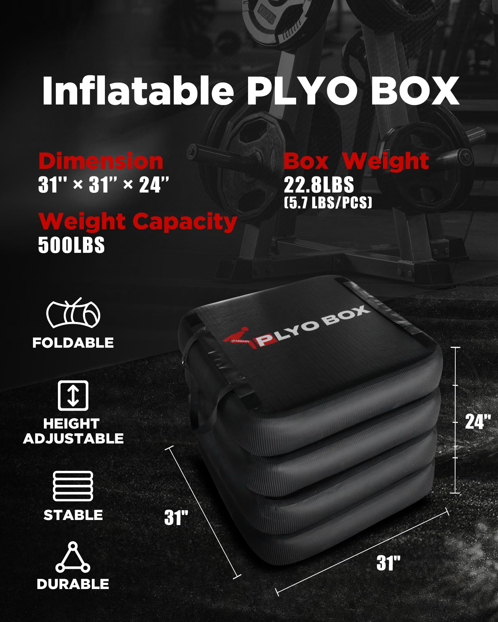 Highpi Inflatable Plyo Box/Plyometric Box Stackable Jump Box Set of Four Training Equipment for Jumping Exercise, Workout, Crossfit 31''x31''x24''