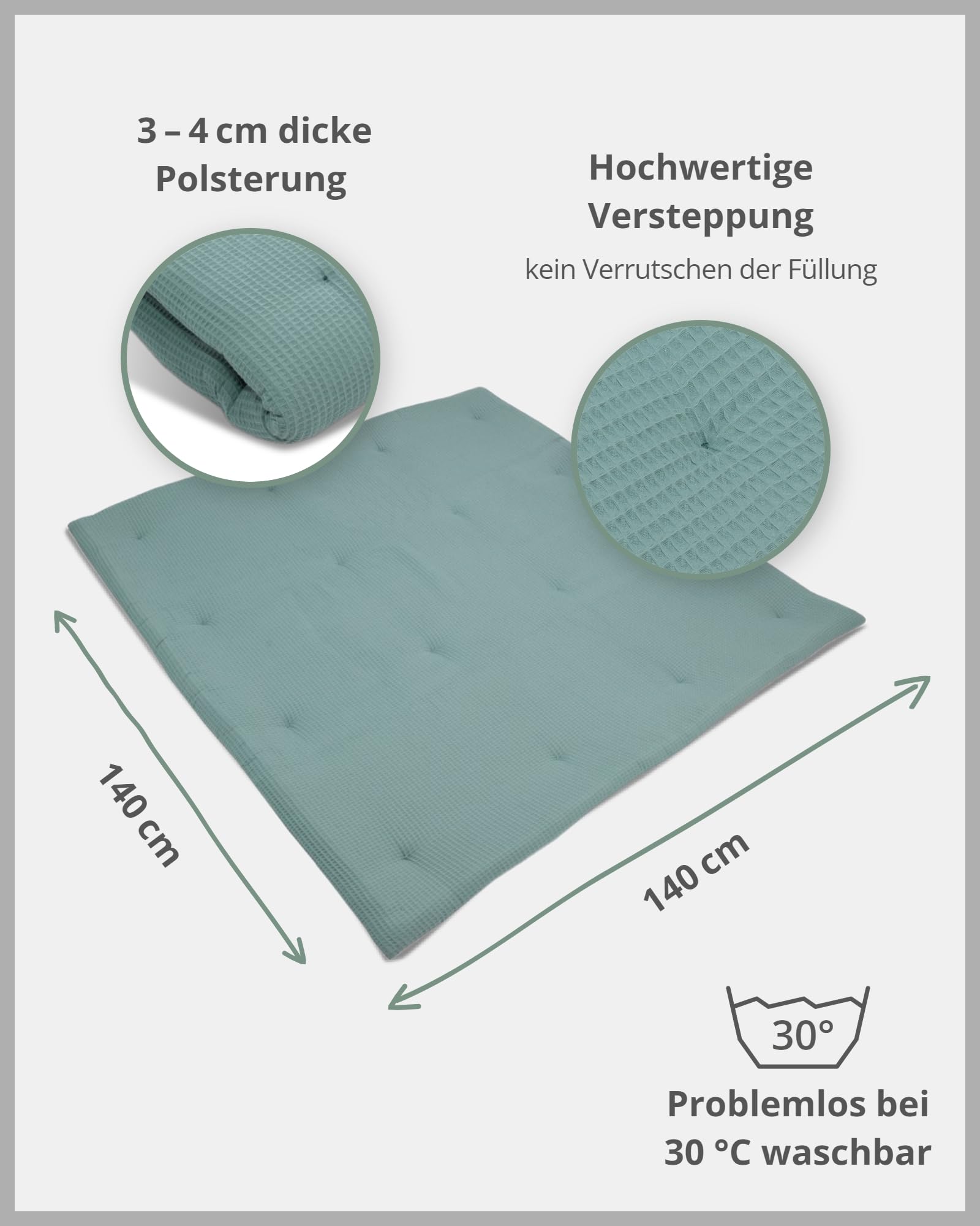 ULLENBOOM ® Manta de gateo 140x140 cm acolchada en verde salvia (Made in EU) - manta de gateo para el bebé con 100% algodón ÖkoTex, perfecta como manta para el bebé y como alfombra de juego
