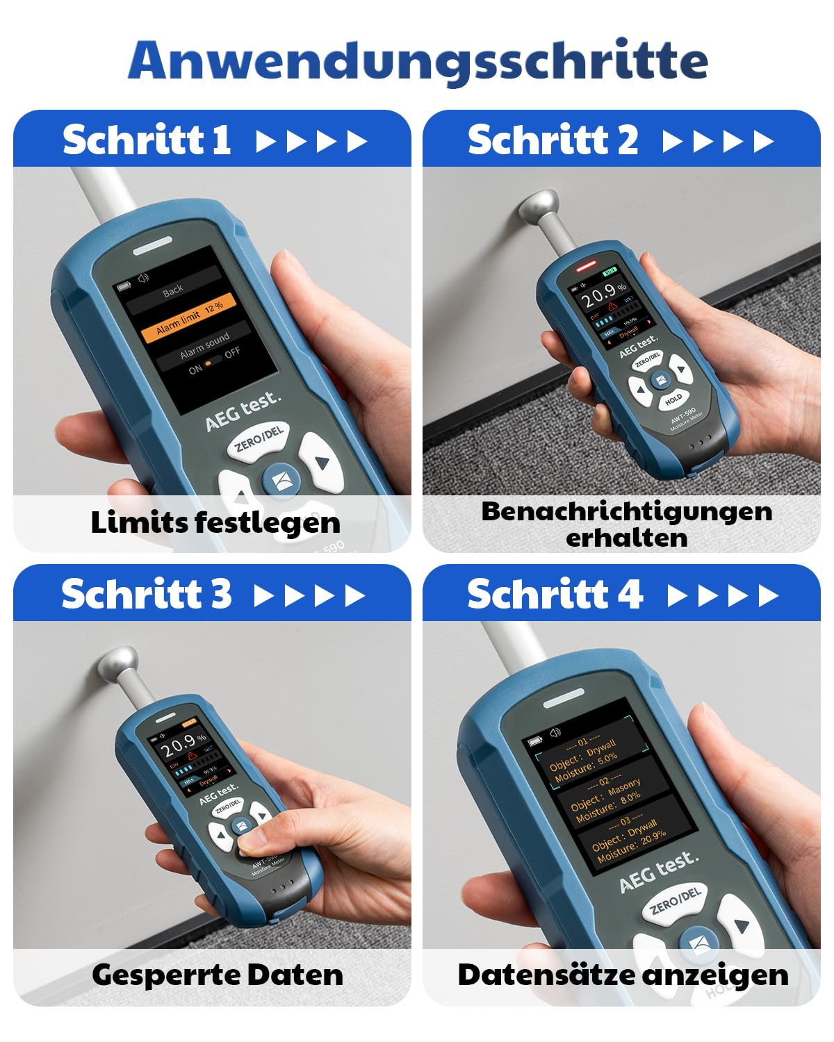 AWT-590 wiederaufladbares Feuchtemessgerät Mauerwerk, Feuchtigkeitsmessgerät Wand, Halbkugel Feuchtigkeitsmesser für Holz, Gipskarton und Ziegel, mit einstellbarem Alarm und Datenaufzeichnung