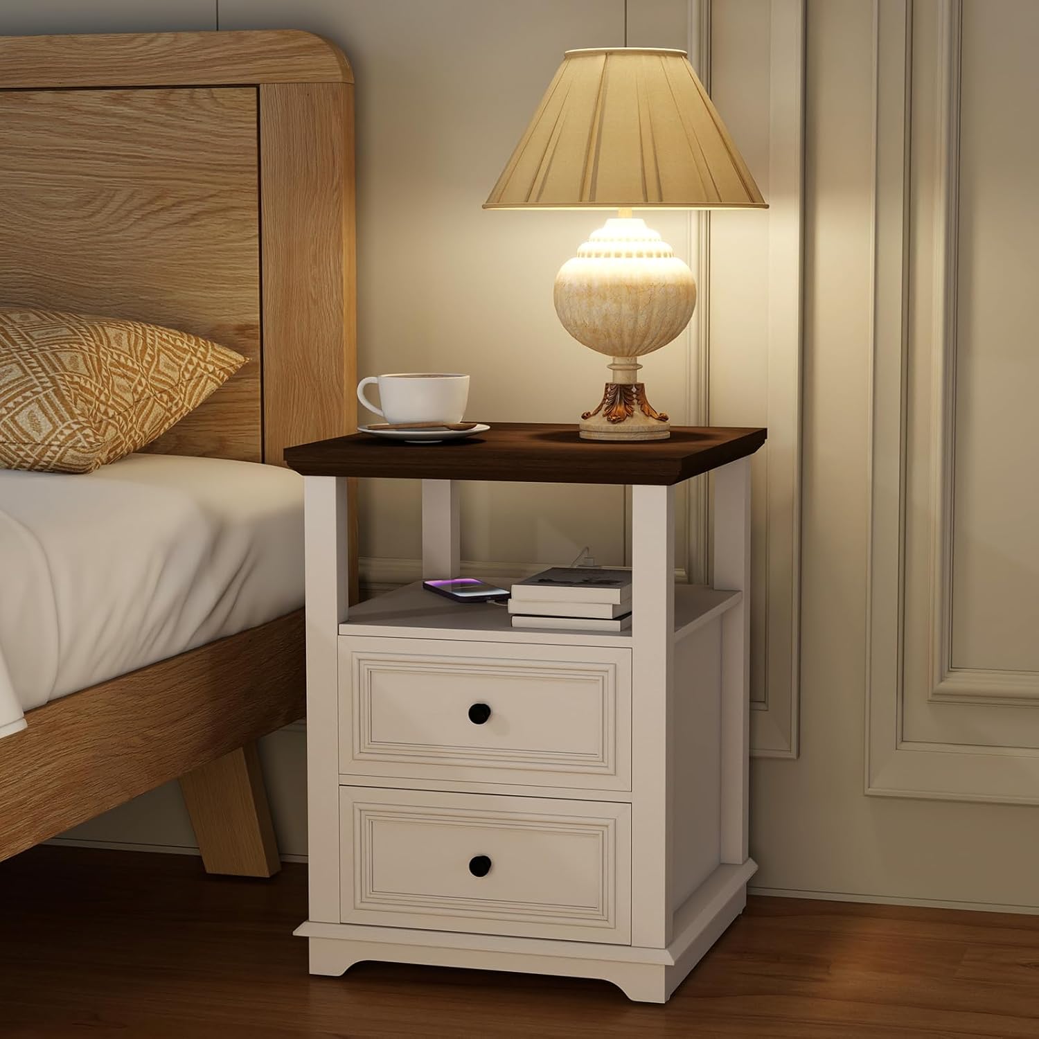 Vipbear 18" Nightstand with Charging Station White Farmhouse End Table with Drawer Wood Night Stand for Bedroom Modern Bedside End Table with Open Shelf Storage Space