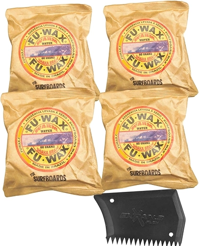 Parafina Surf Fuwax Super Aderência e Alto Rendimento Kit 4 Fu wax (80g) + 1 Raspador