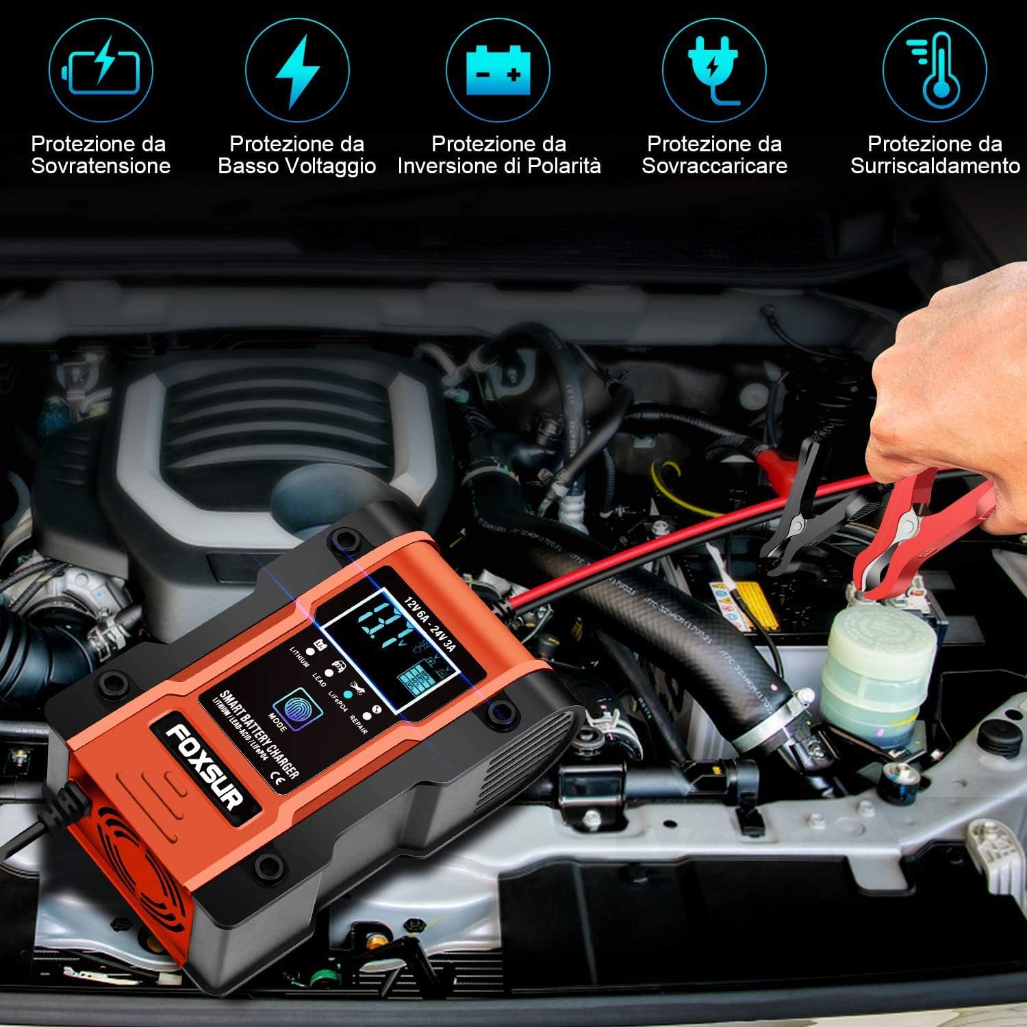 FOXSUR Smart Car Battery Charger showing multiple protection icons
