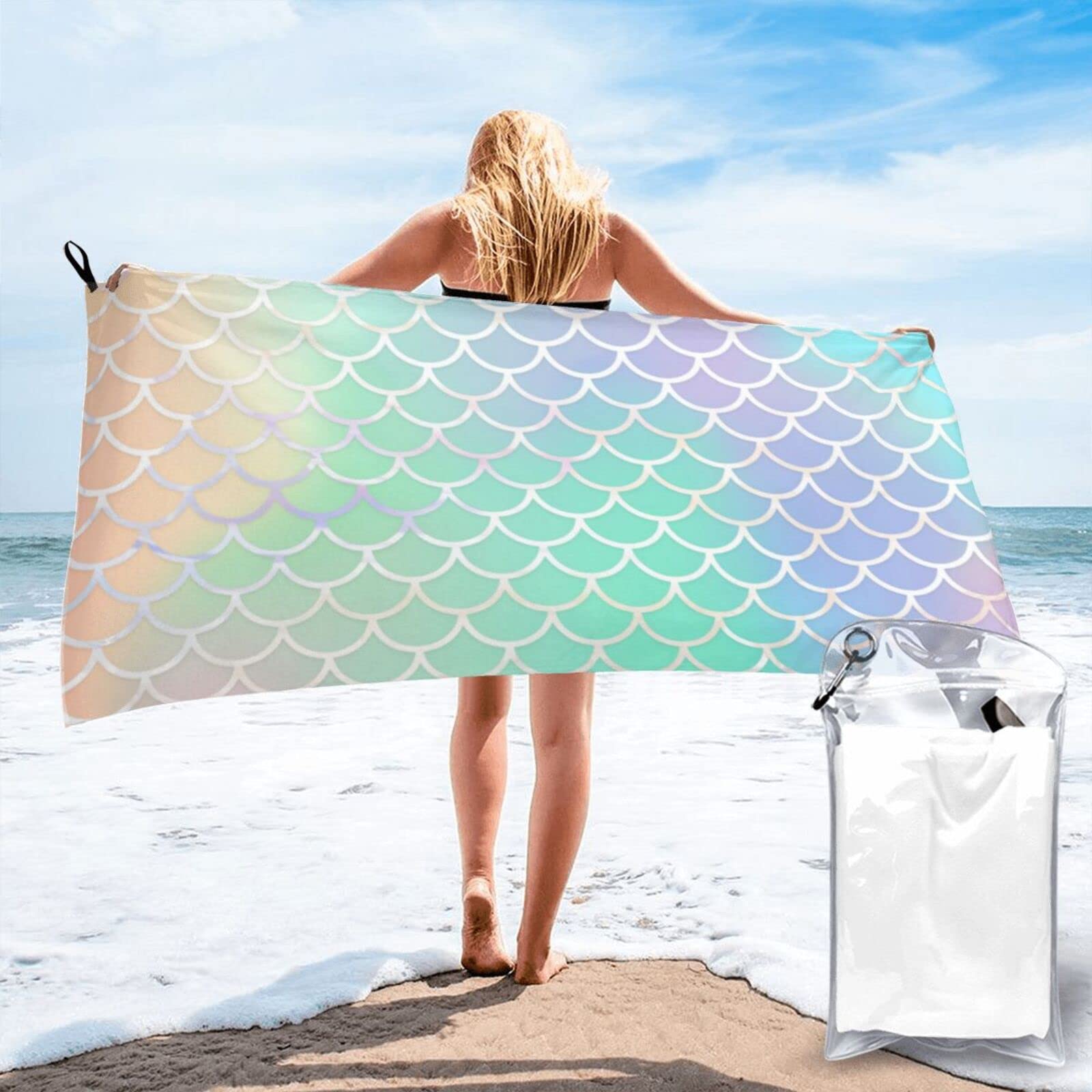 Lawenp Colorful Scales Microfiber Beach Towel Adults Large Quick Drying Bath Towel Travel Towels with Pouch 31.5"x63"