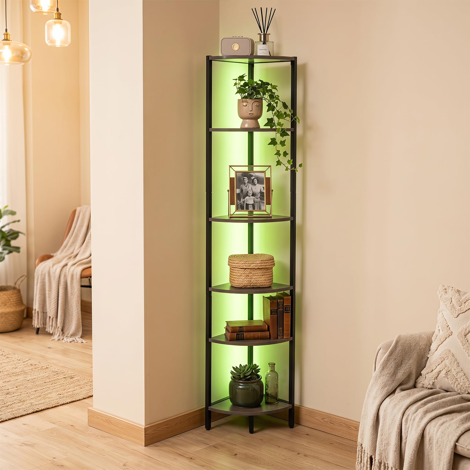 COSTWAY 6-Tier Corner Shelf with LED Lights, 172cm Tall Bookshelf