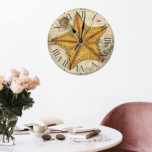 Miniatura 302 de ArogGeld Reloj de pared con diseño de estrella de mar antigua francesa, de cloruro de polivinilo, con números romanos, de 10 pulgadas, funciona