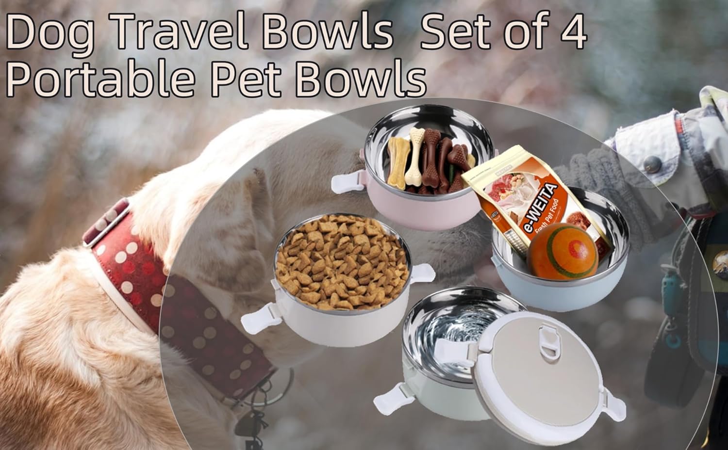 CHICIRIS Travel Dog Bowls, 4-tier portable stainless steel pet food container with handle, for dog and cat feeding, 24oz