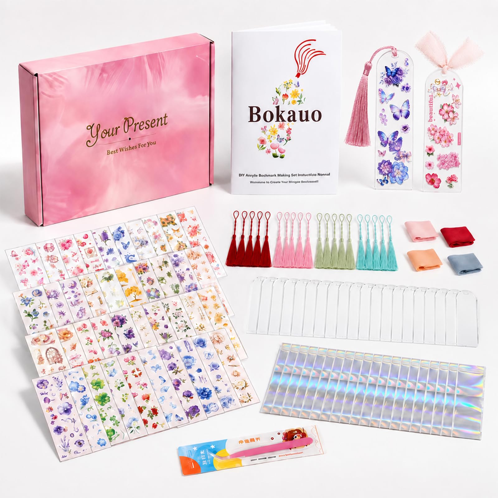Bokauo DIY Bookmark Making Kit, 20 Clear Acrylic Bookmark Blanks 5.9 x 2 in with PET Floral Bookmark Stickers, Tassels, Ribbons, Gift Bags, Bookish Gifts for Bo