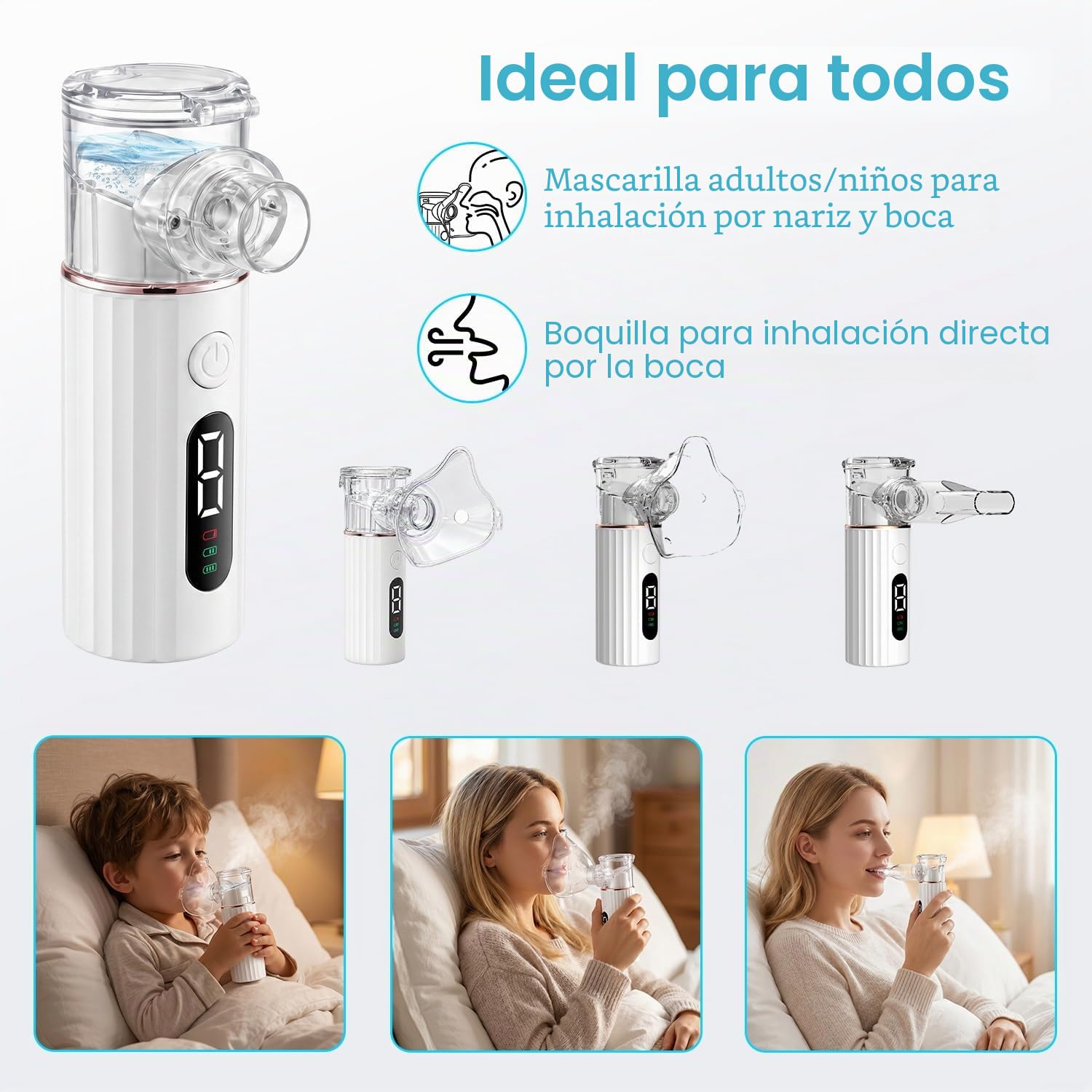 Humidificador Portátil Silencioso para Adultos y Niños, Dispositivo Recargable con 2 Mascarillas y Boquilla, 2 Modos Ajustables, Pantalla LED, Diseño Compacto para Viajes y Uso Diario