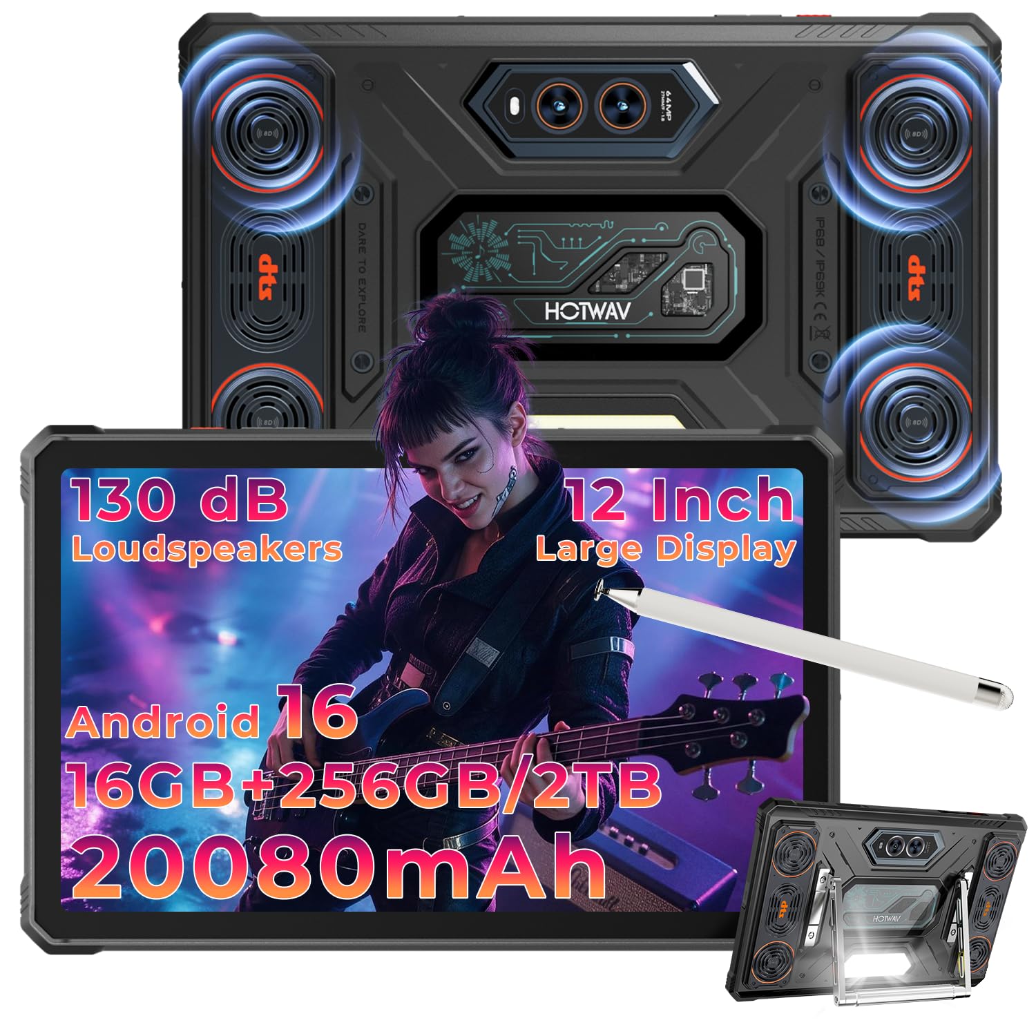 HOTWAV R12 Pro Tablet exterior con altavoces, 12 pulgadas | 16 GB + 256 GB/2 TB TF, Android 16, 20080 mAh 33 W, carga rápida, bolígrafo, luz de camping, IP68/IP69K impermeable
