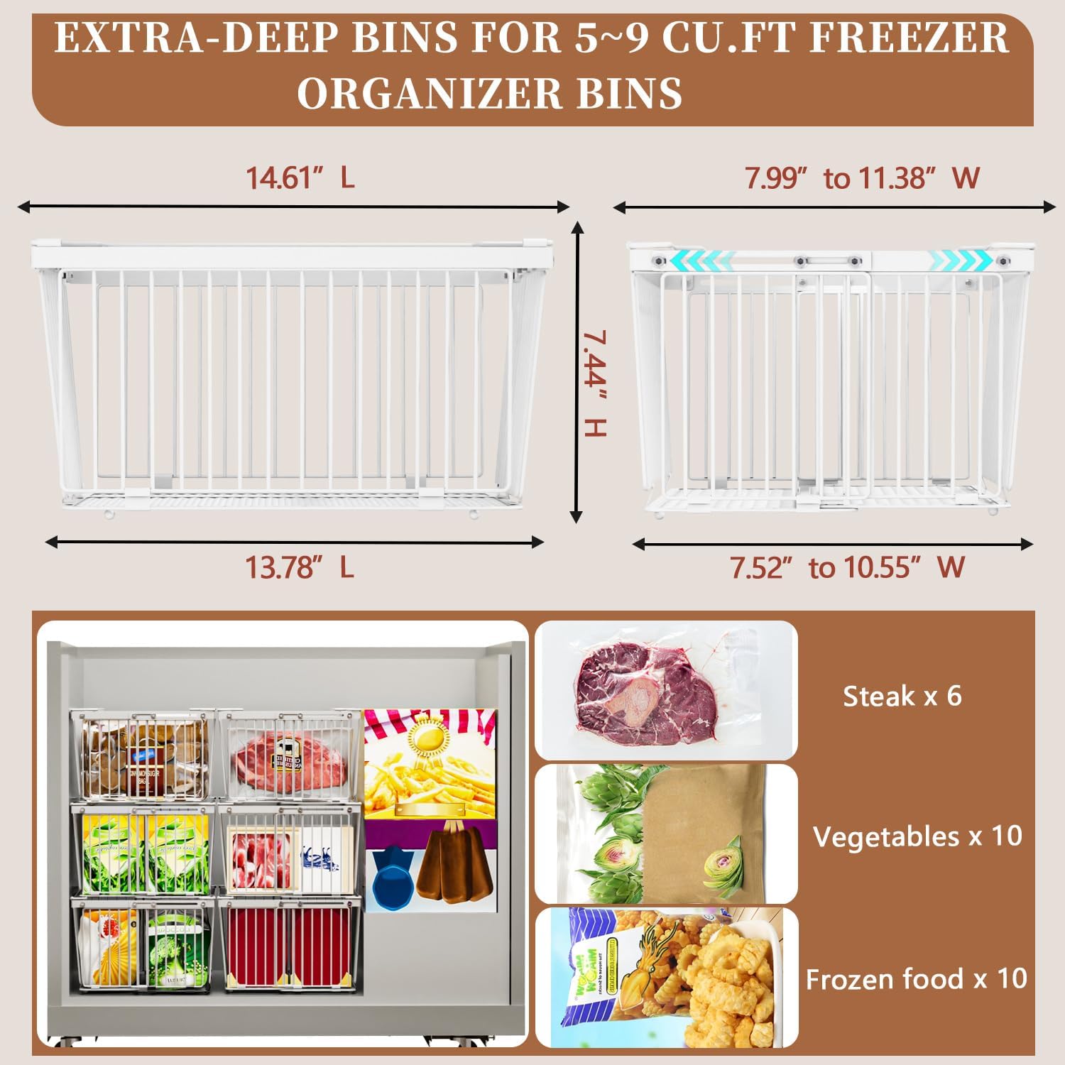 Large Freezer Organizer Bins，Upgraded Bottom Leak-Proof net，Fit 5 to 9 Cu Ft Chest Freezer，4 Pack， Expandable Stackable Chest Freezer Containers with Handle (White-4P) - Image 4
