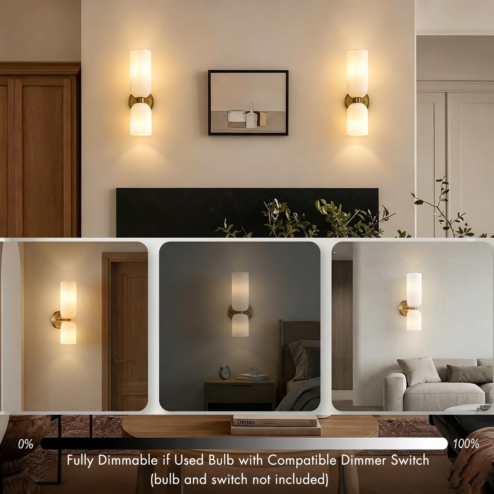 DEYNITE Juego de 2 apliques de pared dorados modernos, lámpara de pared para baño, luz de tocador, cristal blanco lechoso