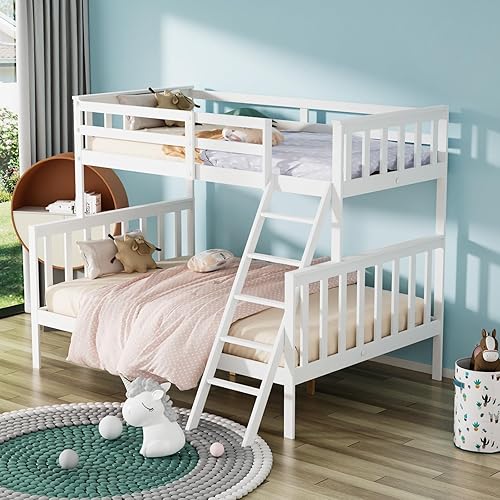 JOYMOR Litera convertible de tamaño individual sobre matrimonial para niños, adolescentes y adultos, marco de cama de madera maciza con escalera