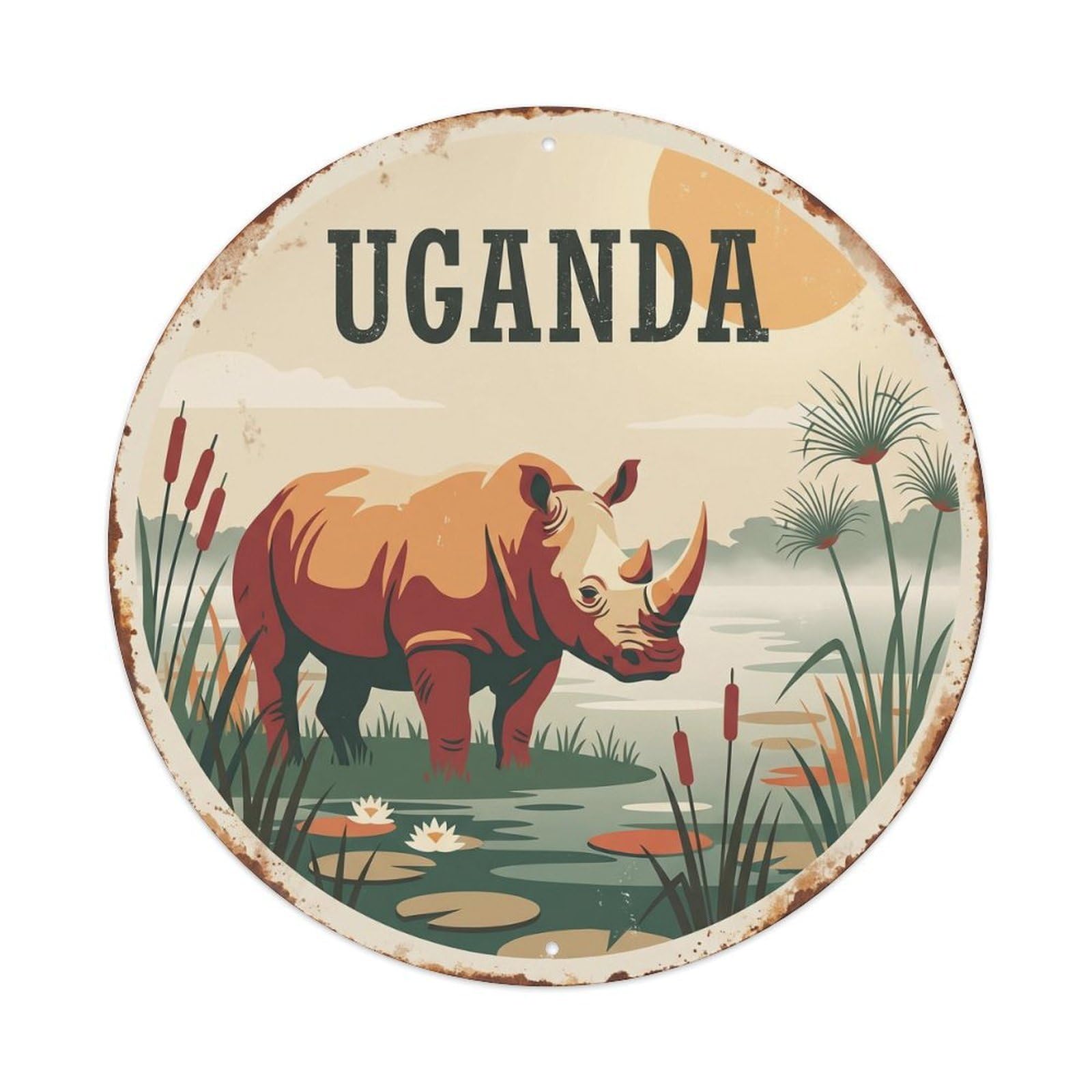 Uganda Rhinoceros Wetland Morning Metal Tin Sign