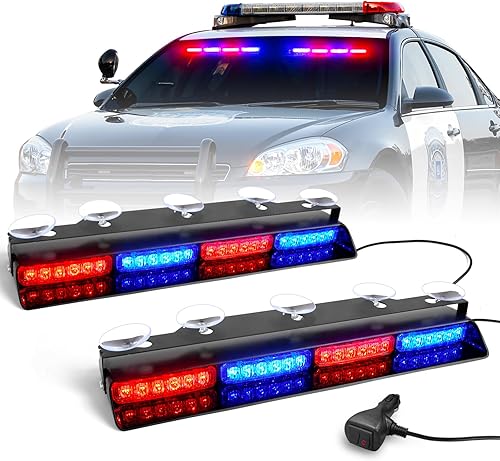 6Z4J Emergency Dash Strobe Lights 2x16.8 inch Red Blue Safety Lights, 48 LED Flashing Warning Hazard Interior Windshield Visor Traffic Light Bar for
