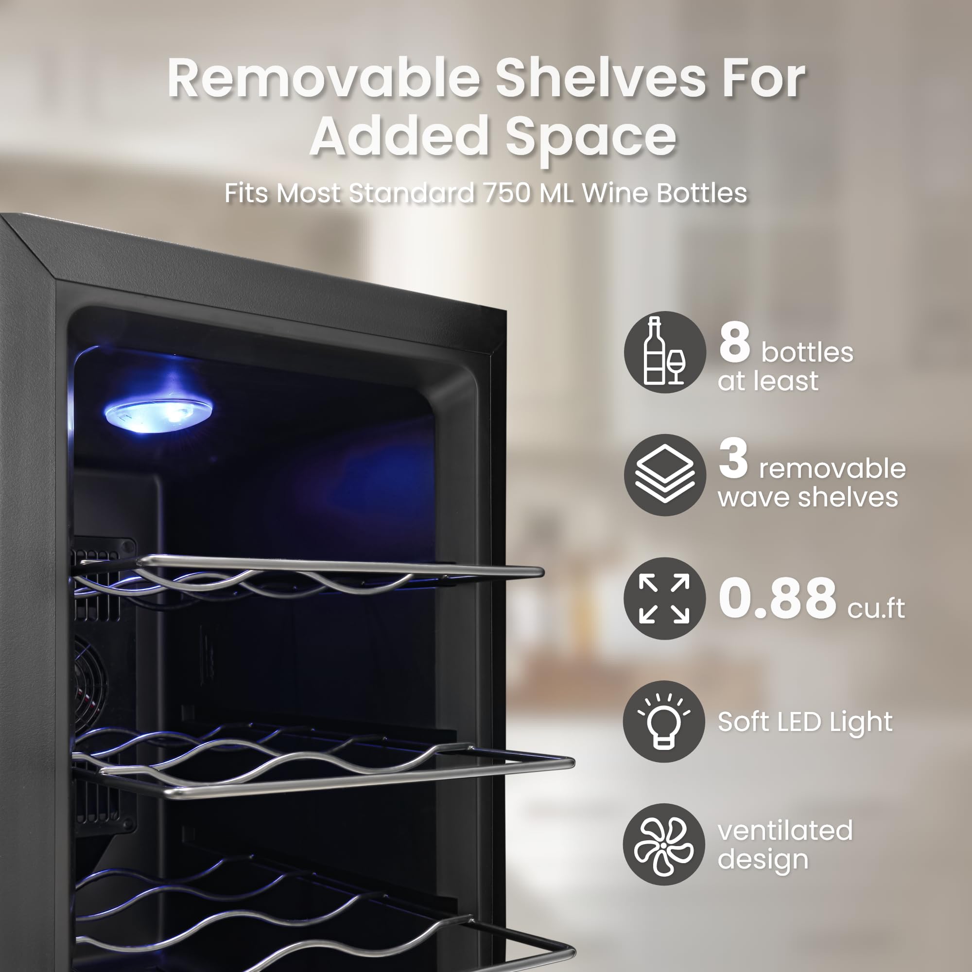 YEEGO 8 Bottles Wine Fridge - 40-65℉ Wine Refrigerator With Thermoelectric Energy Cooling & 38db Quiet, Freestanding,Countertop Wine Cooler With Glass Door For Apartment Office Rvs, 25l(0.88 Cu.Ft) on Fridge.com - View 2