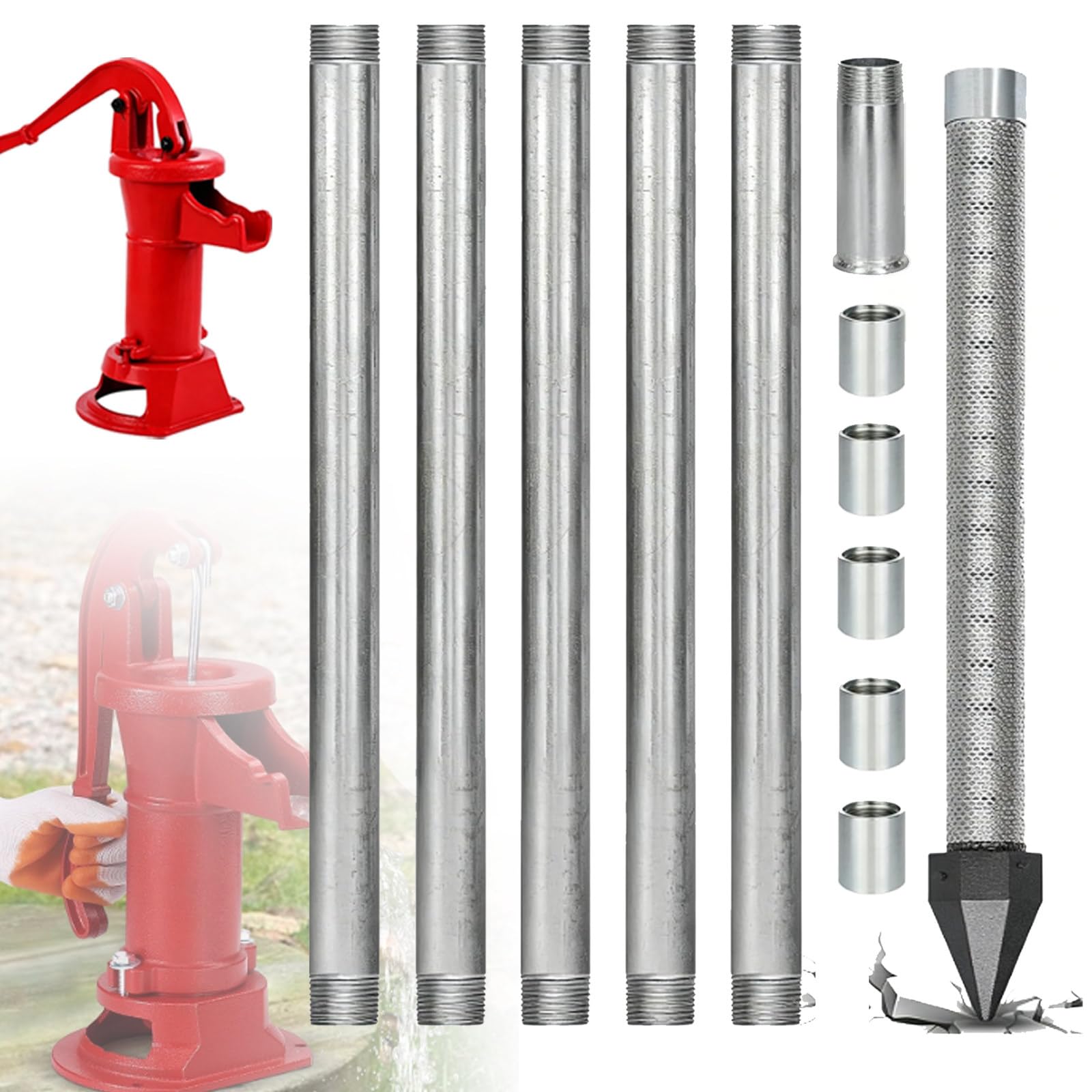 ZyKnaurral Emergency Water Supply: Drive Point Well Kit for Garden, Stainless Steel Filter Screen, 1-1/4" NPT, Manual Drilling Kit for Self-Sufficiency and Watering During Droughts 6M-NoWaterPump