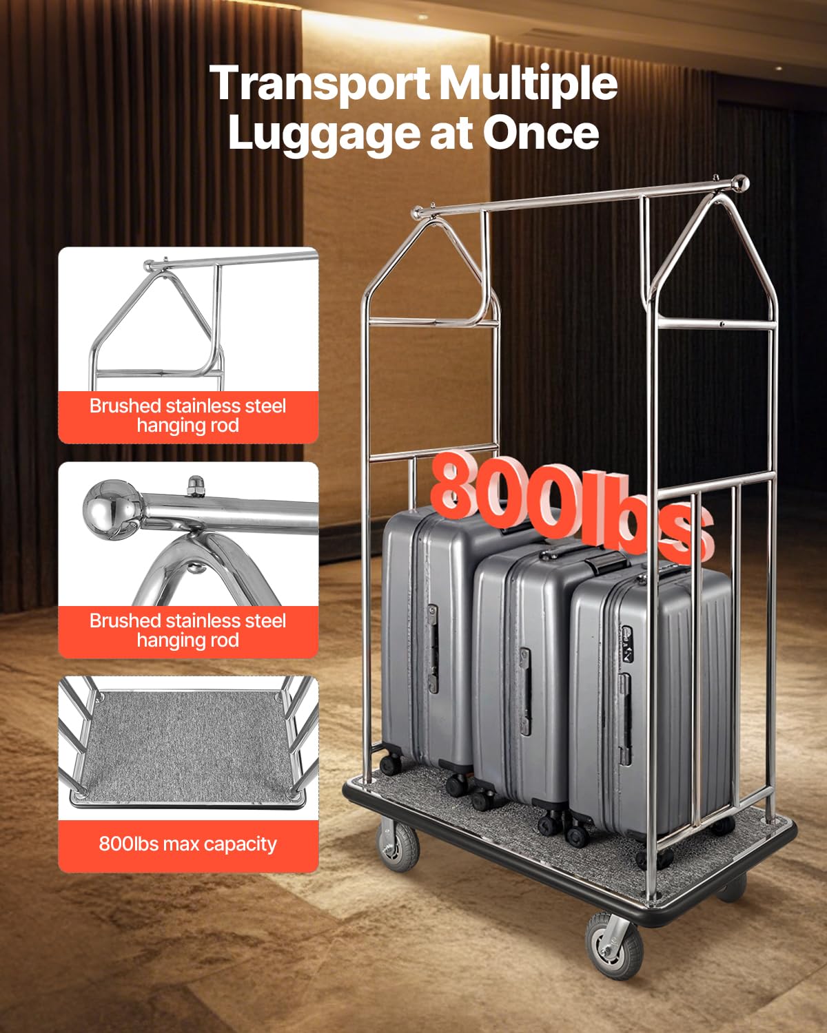 VEVOR Chariot à Bagages Hôtel, 362 kg, Chariot à Plate-Forme de Concierge, Finition INOX Brossé, avec Moquette Grise, Roues Caoutchouc 15,24 cm, Porte-Bagages pour Hôtels, Condos, Complexes Hôteliers