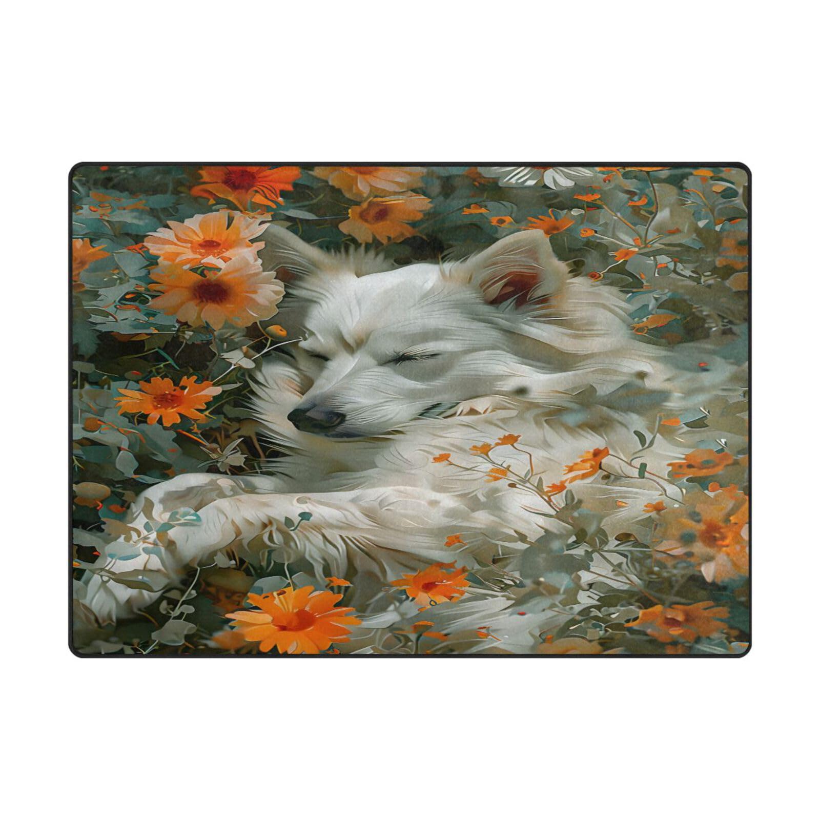 Tapis de sol contemporain fleurs chien blanc grand format 203x147