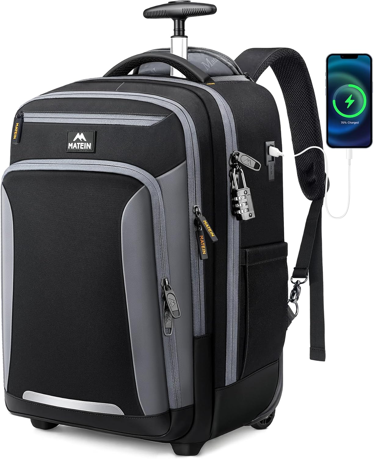 MATEIN Rolling Backpack with Wheels, Flight Approved Anti Theft Rolling Bookbag Fits 17" Laptop, Roller Carry On Luggage Wheeled College School Suitcase Travel Bag with USB Port for Men Women, Black