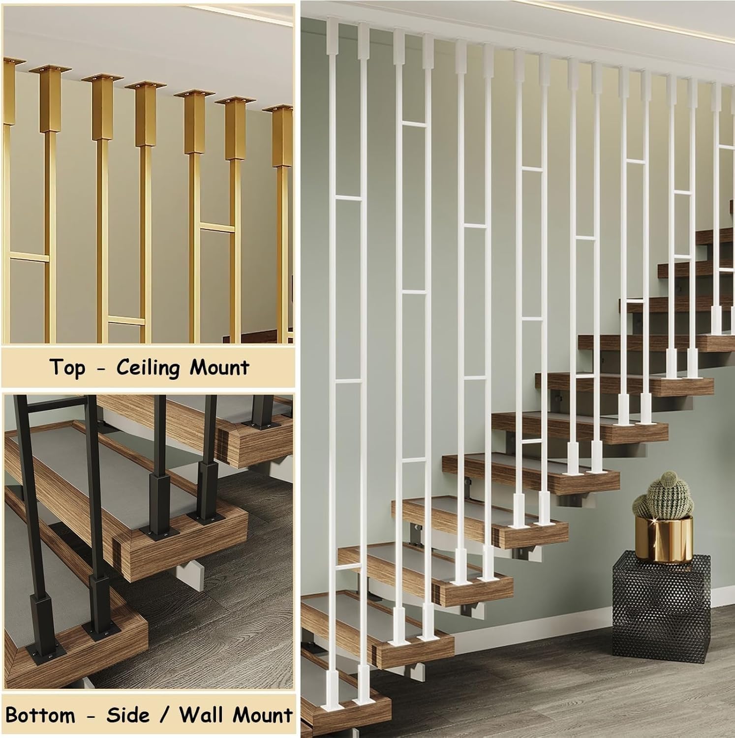Moderno sistema de barandilla de metal con columnas cuadradas – Balaustres de ático interior de 6 pies, postes de montaje en suelo/techo y accesorios incluidos, color blanco Slish H (1 unidad)