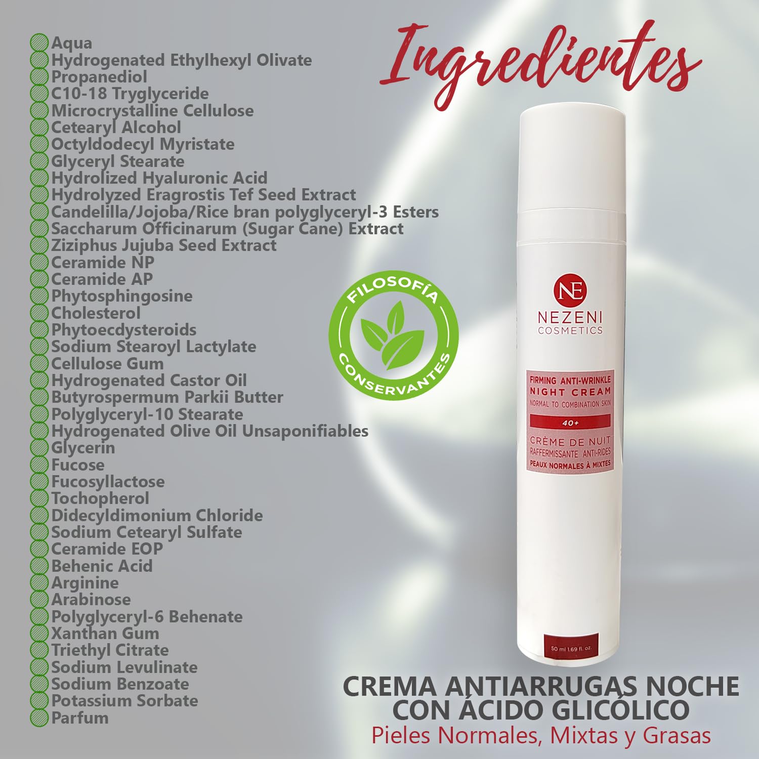 Nezeni Crema Noche AC. GLICÓLICO Antiarrugas Mujer/Hombre 25 Activos | Rellenador Arrugas Profundas | Crema Antiarrugas Noche Reafirmante Cara, Cuello y Escote | Piel Normal, Grasa y Mixta