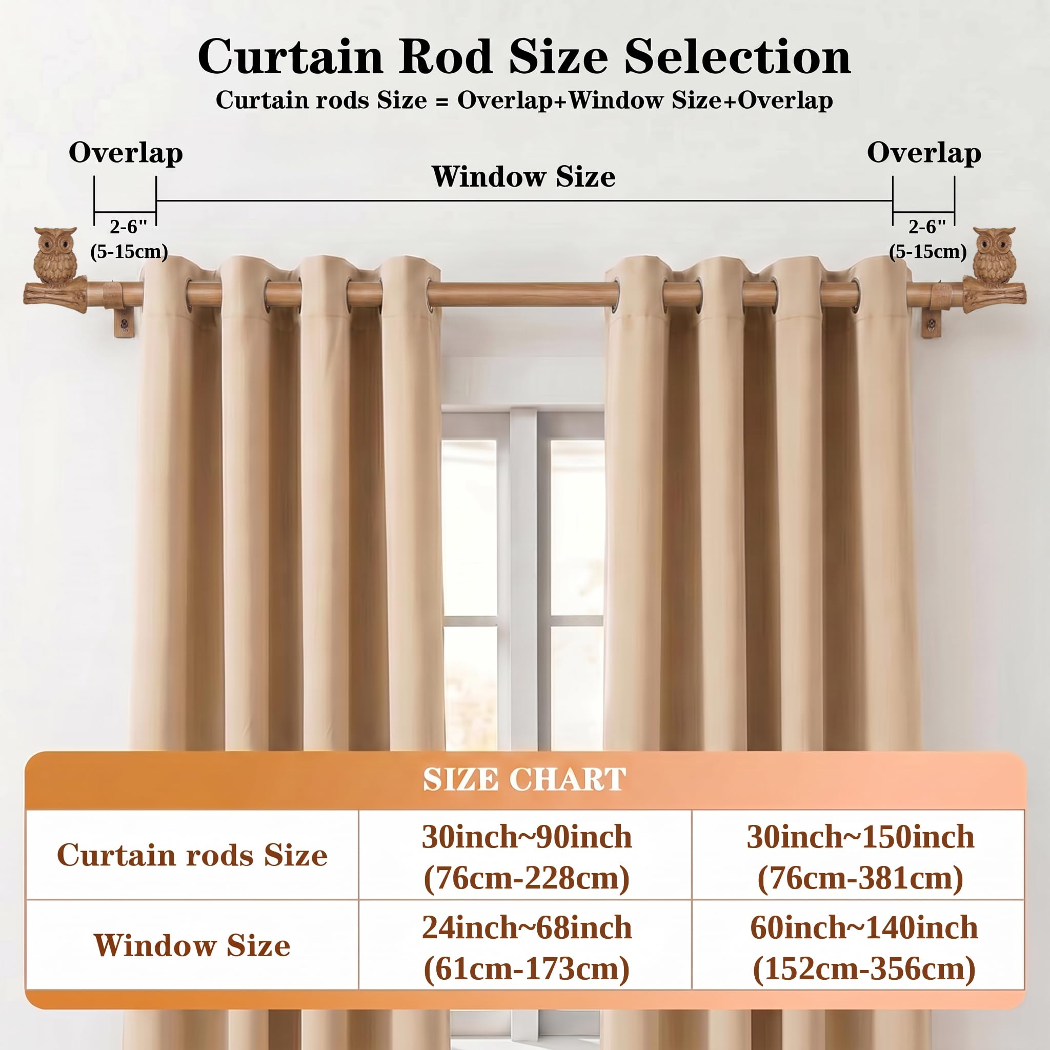 Tringle à Rideau Aspect Bois avec Embout Hibou, extra longue réglable 76-381cm tringle Métal pour portes coulissantes terrasse baie vitrée salon chambre fenêtres, 25mm, supporte 13,6 kg