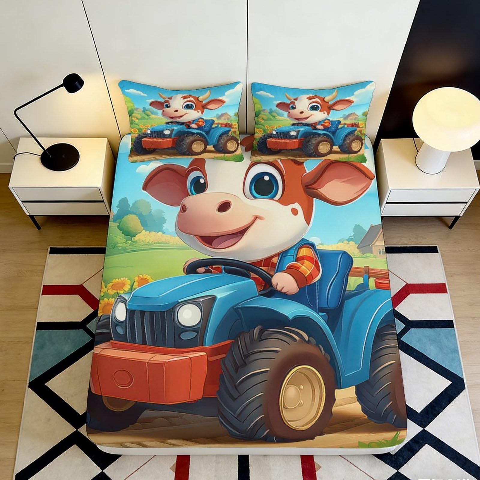 3D Printed Cartoon Farm Cow Fitted Sheet Microfiber Deep Pocket Non-Slip Cow Mattress Fitted Cover Washable Bedding 200x200x25cm 90x200x25cm