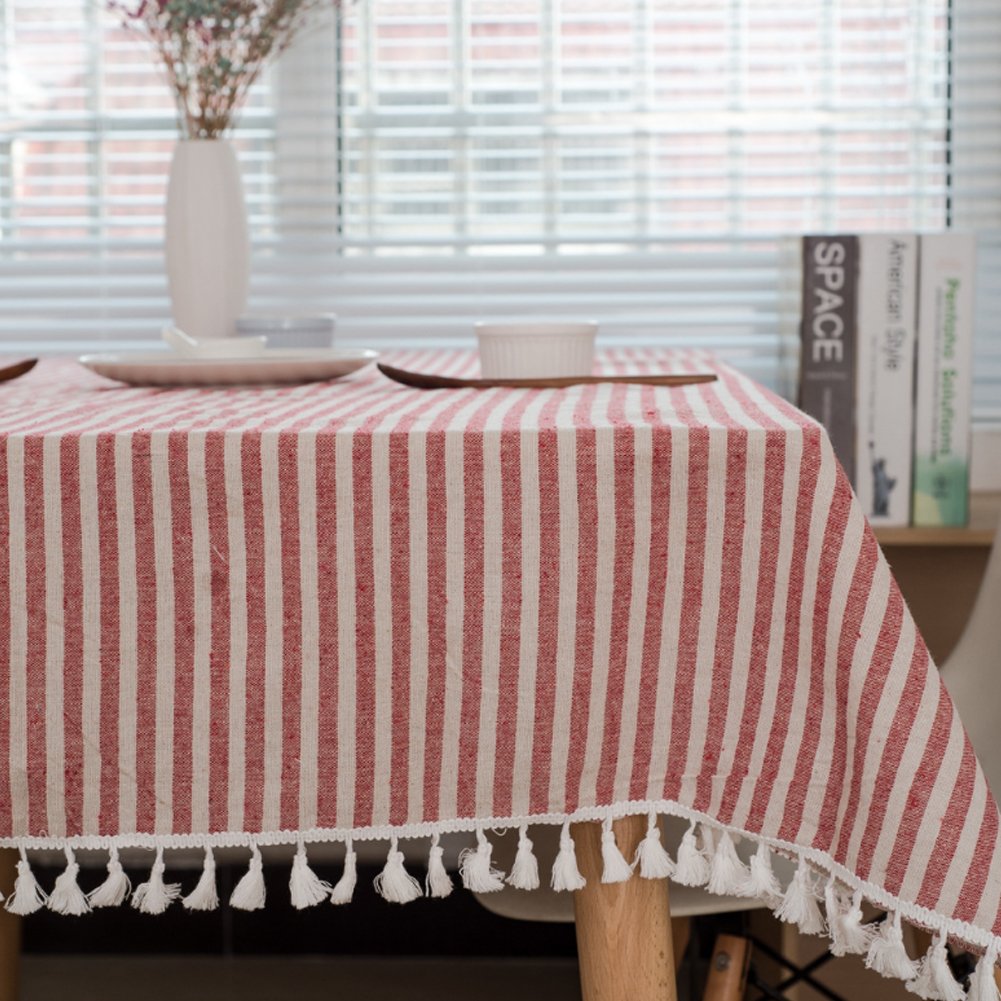 Meioro Red/White Stripes Tablecloths Striped Tassel Table Cloth Rectangular Tablecloth Cotton Linen Table Cover Suitable For Home Kitchen Decoration (, 100×140Cm)