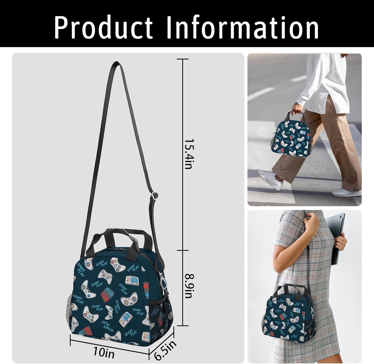 Game Lunch Bag Reusable Insulated Lunch Box Large Capacity Meal Tote for Kids Boys Girls Cooler Bag Waterproof Adjustable Shoulder Strap Gamer Lunch Tote for Work School Picnic Travel Hiking