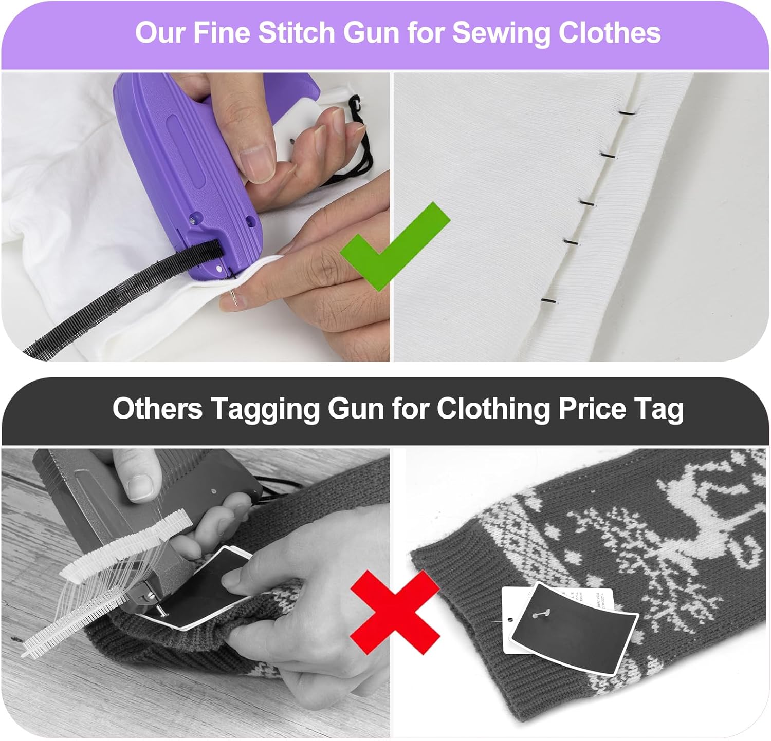 Stitch Gun for Clothes, Fixed Clothing Mini Sewing Kit with Case, Quick Stitch Sewing Gun with 6 Micro Needle, 2500 Black & 2500 White Micro Fasteners, Stitch Tag Gun (Purple) - Image 2