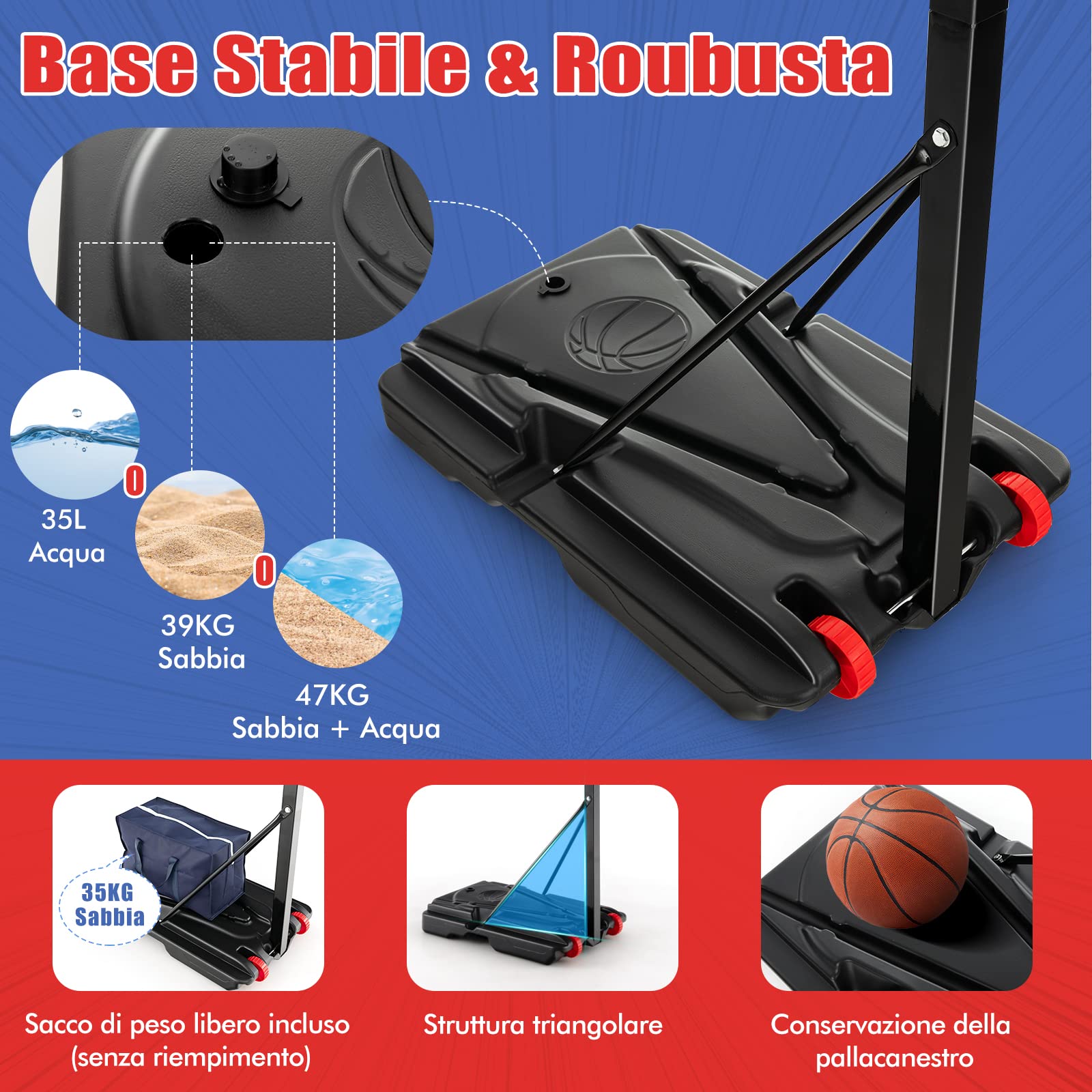COSTWAY Canestro da Basket da Esterno ed Interno, Canestro da Basket Regolabile a 10 Livelli e Portatile, con Tabellone da 82cm, 2 Ruote e Borsa, per Tutte le Condizioni Atmosferiche