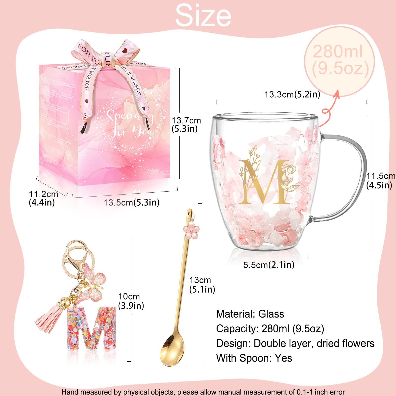 Personalized Gifts for Women Flower Glass Coffee Mug Initial Tea cup Mother's Day Gifts for Mom Monogrammed Customized Bridesmaid Bride Wedding Gifts Graduation Valentines Birthday Christmas Gift(M)