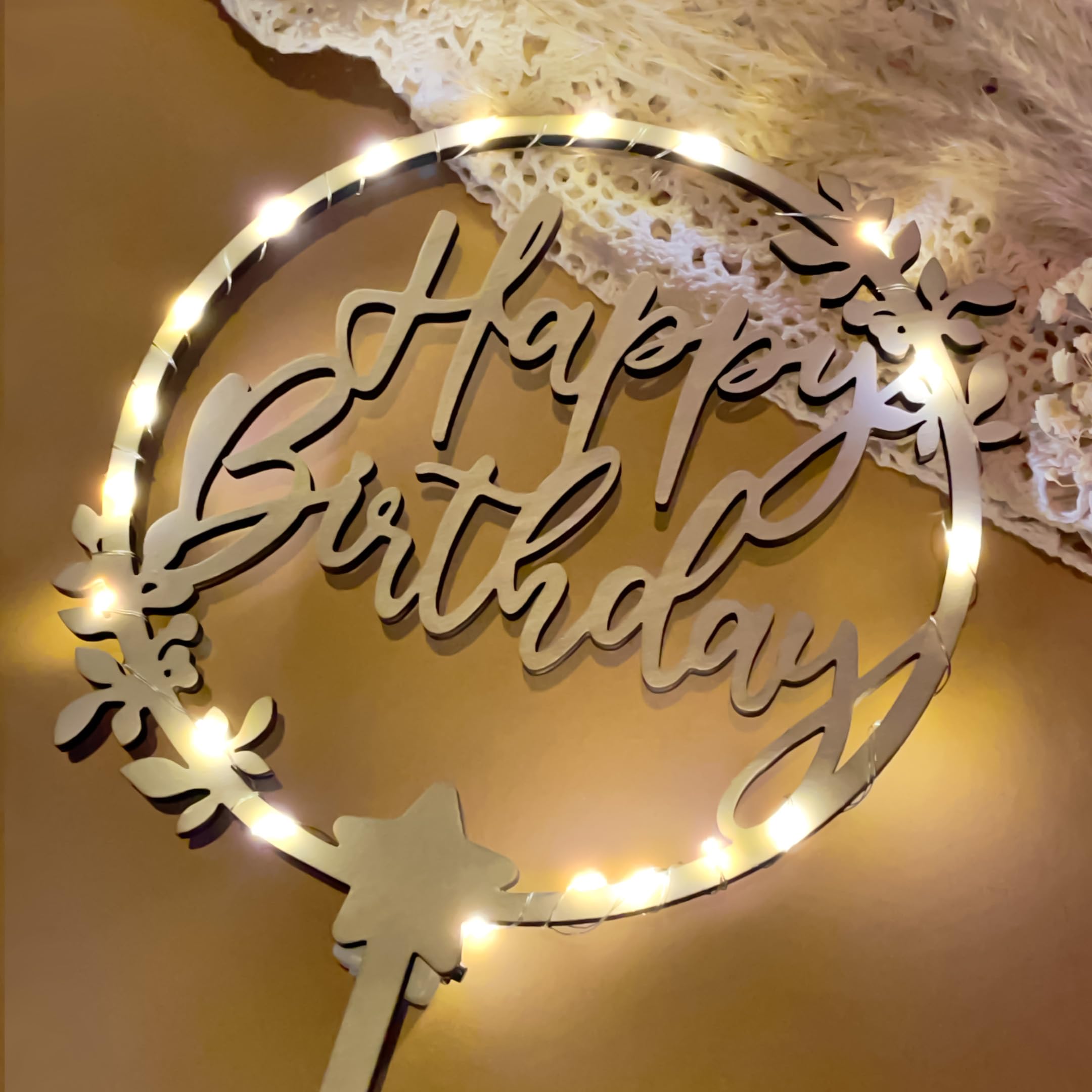 Déco Gâteau Happy Birthday En Bois – Guirlande LED Incluse – Anniversaire Fille Garçon Femme Homme