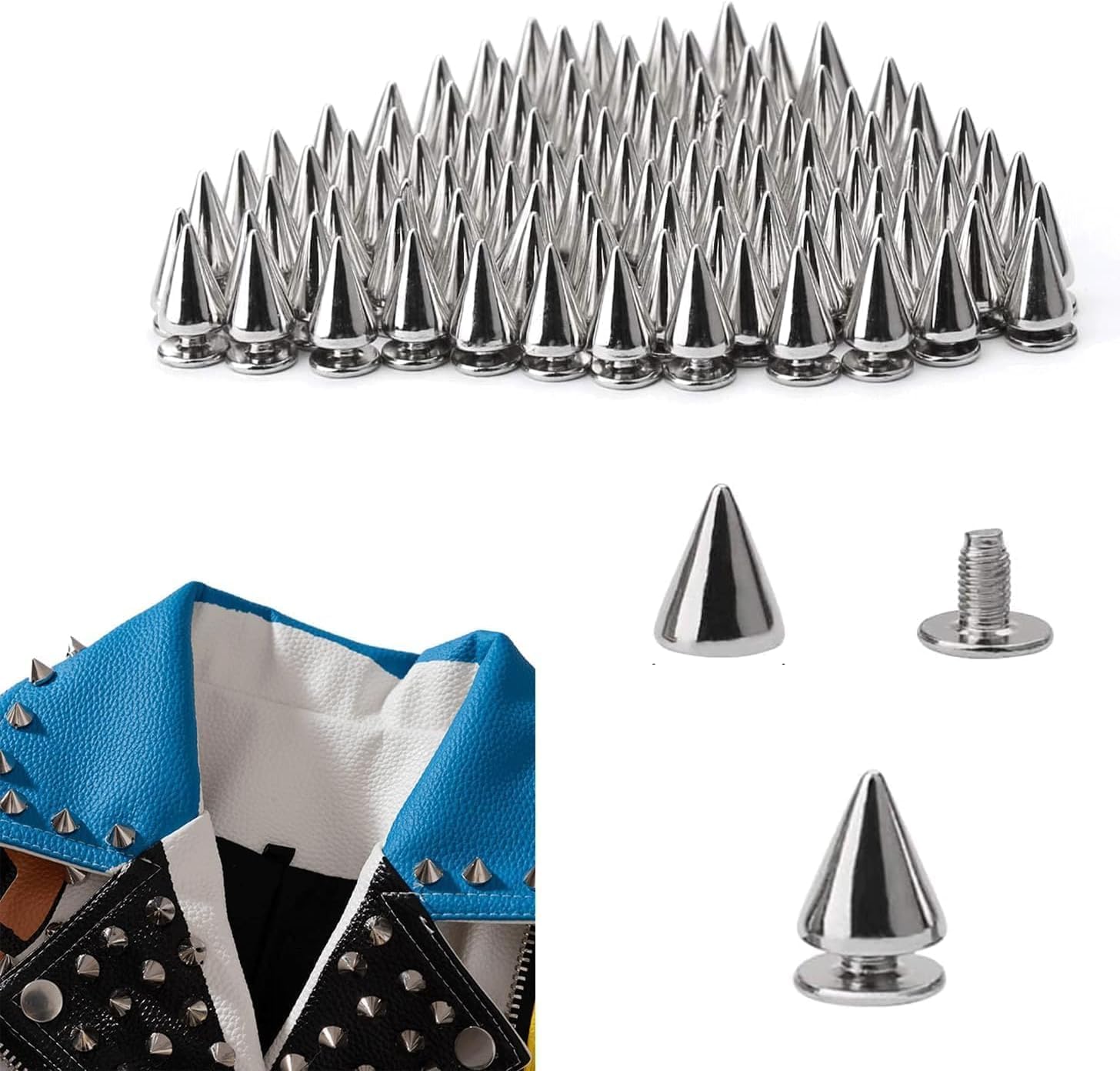 200Pcs Punk Spikes and Studs Kit, Zinc Alloy Silver Cone Spike and Stud Rivet, 7 × 10mm Metal Leather Tree Spike Assortment, for Clothing Jacket Shoes Wallet(Silver)