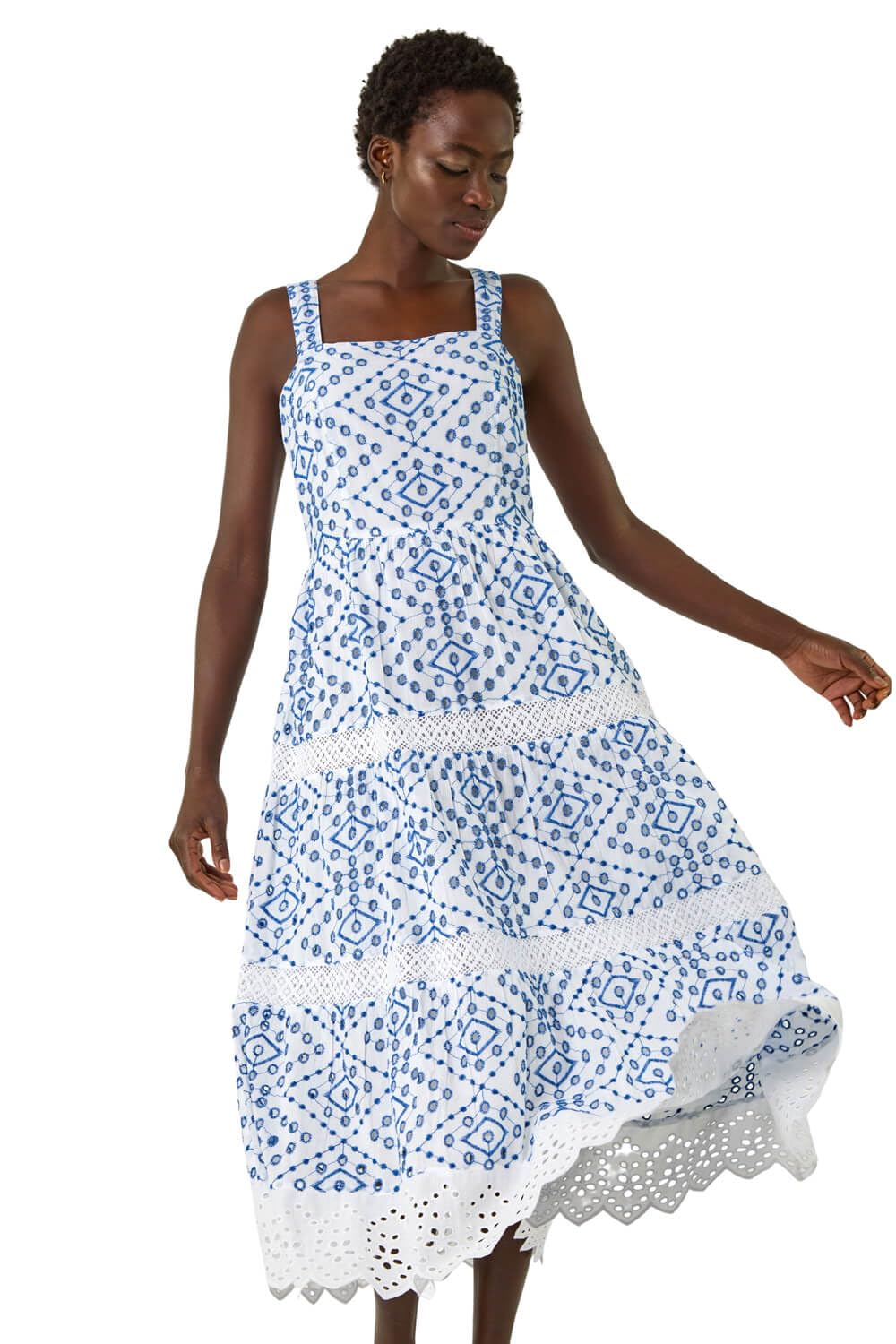 Roman Originals Women's Blue Strappy Midi Dress For Uk - Everyday Holiday Spring Summer Square Neckline Comfy Soft Evening Vacation Work Party - Size 14