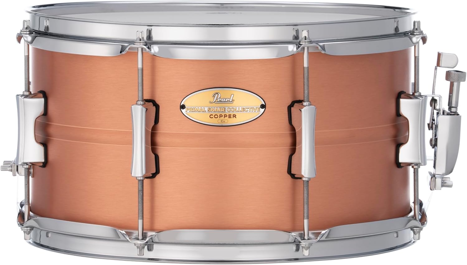 Pearl Primal Snare Collective 14"x8" Steel Snare Drum with Beaded 1mm Shell, Polished Chrome Finish, 2.3mm Triple-Flanged Hoops, Dual Tension lugs, and deluxe strainer.