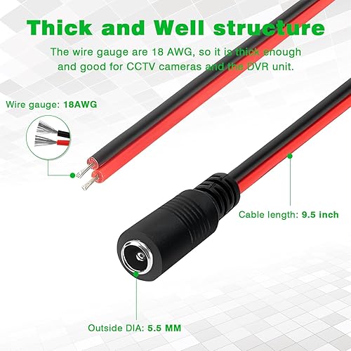 Miniatura 4 de Paquete de 40 cables de conector hembra de 12 V 5 A CC, 0.787 x 0.083 in x 0.217 in, conectores hembra DC Pigtail para CCTV, cámara de seguridad