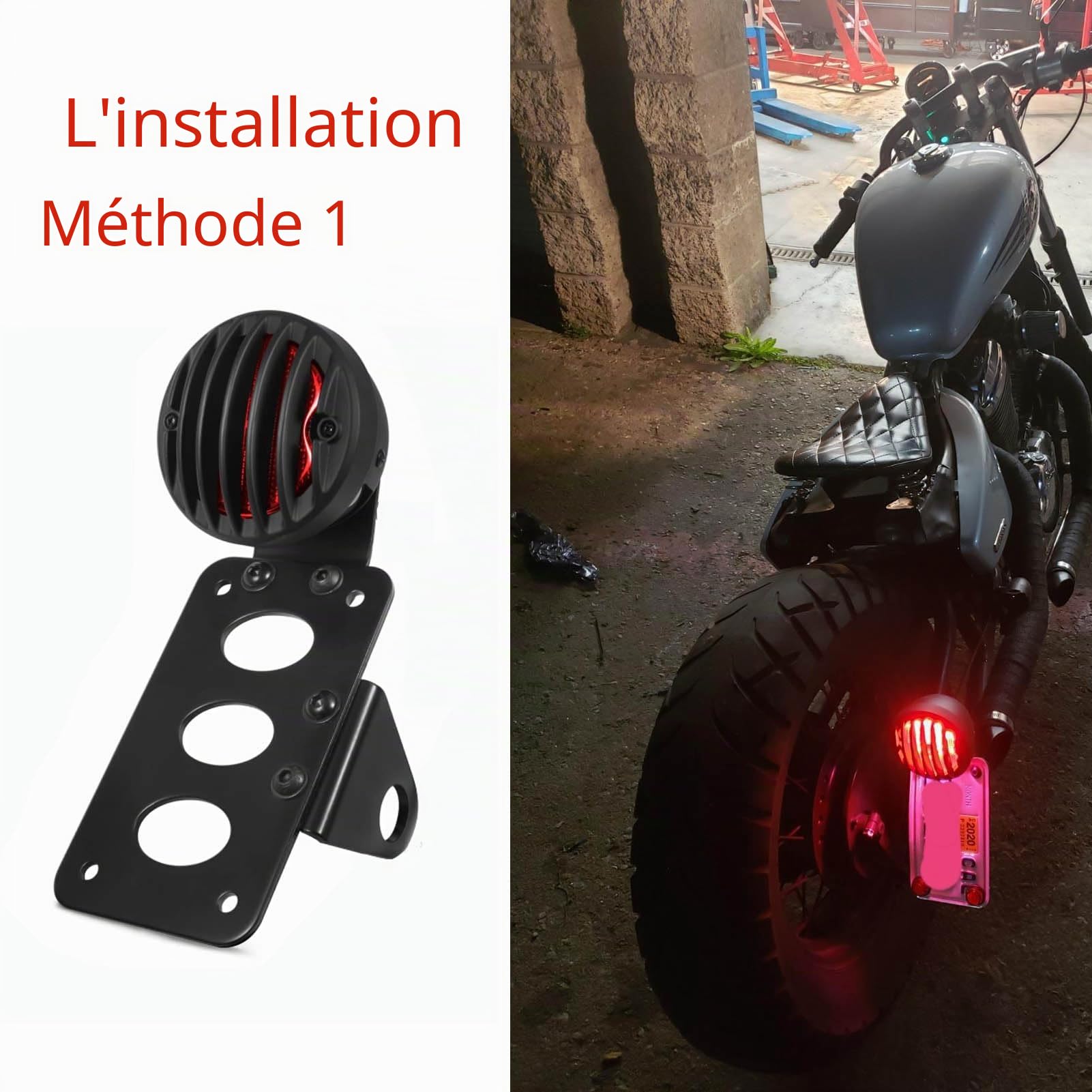 Feu Arrière Moto Feu Stop 12V Feux de Signalisation Feux de Plaque D'immatriculation Feu Stop avec Support - Coque Noire + Feux Rouges